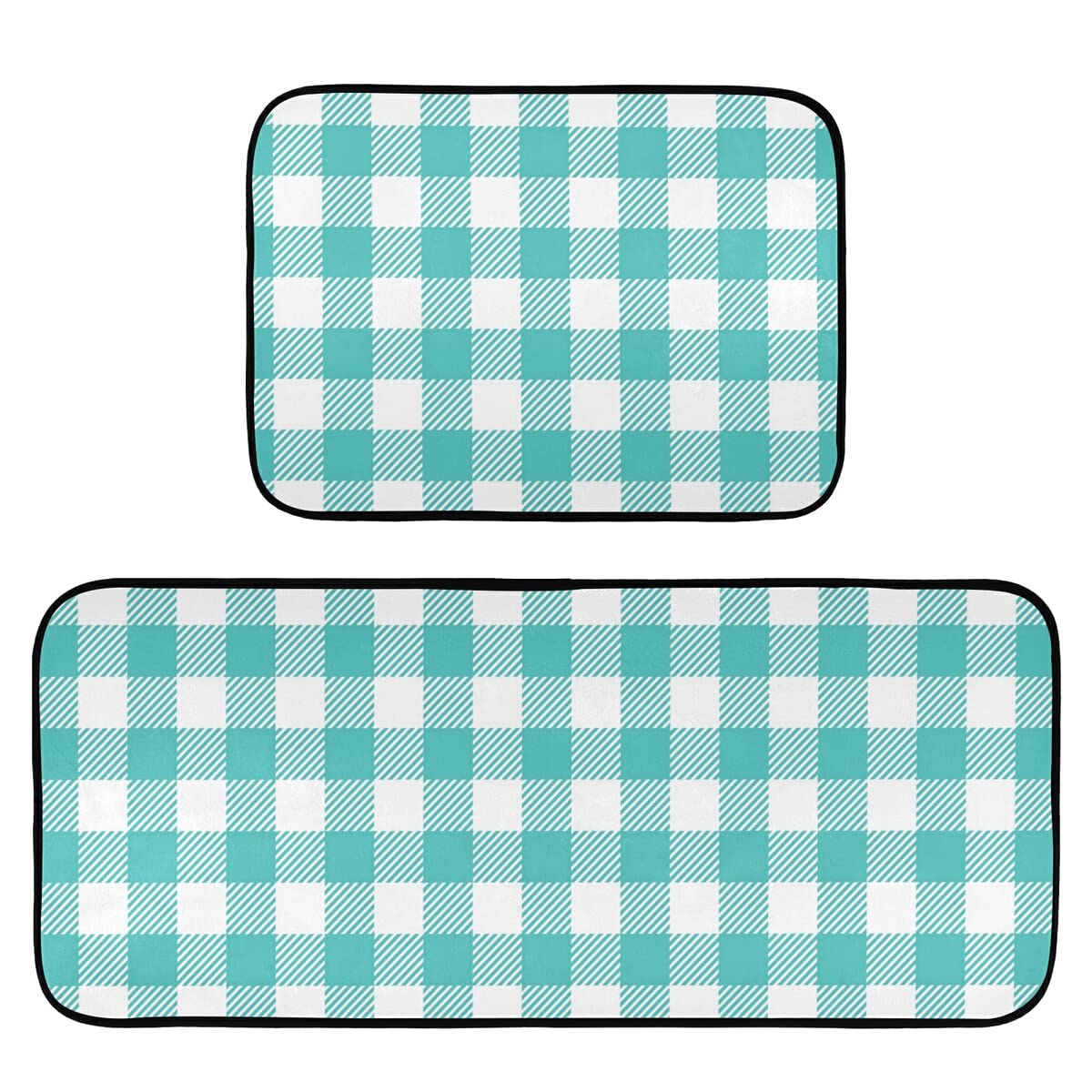 Emelivor 2-Piece Buffalo Plaid Teal Kitchen Rugs Set - Non-Slip Washable Turquoise Runner Mats for Kitchen Floor - Home Decor for Farmhouse, Cottage & Modern Kitchens