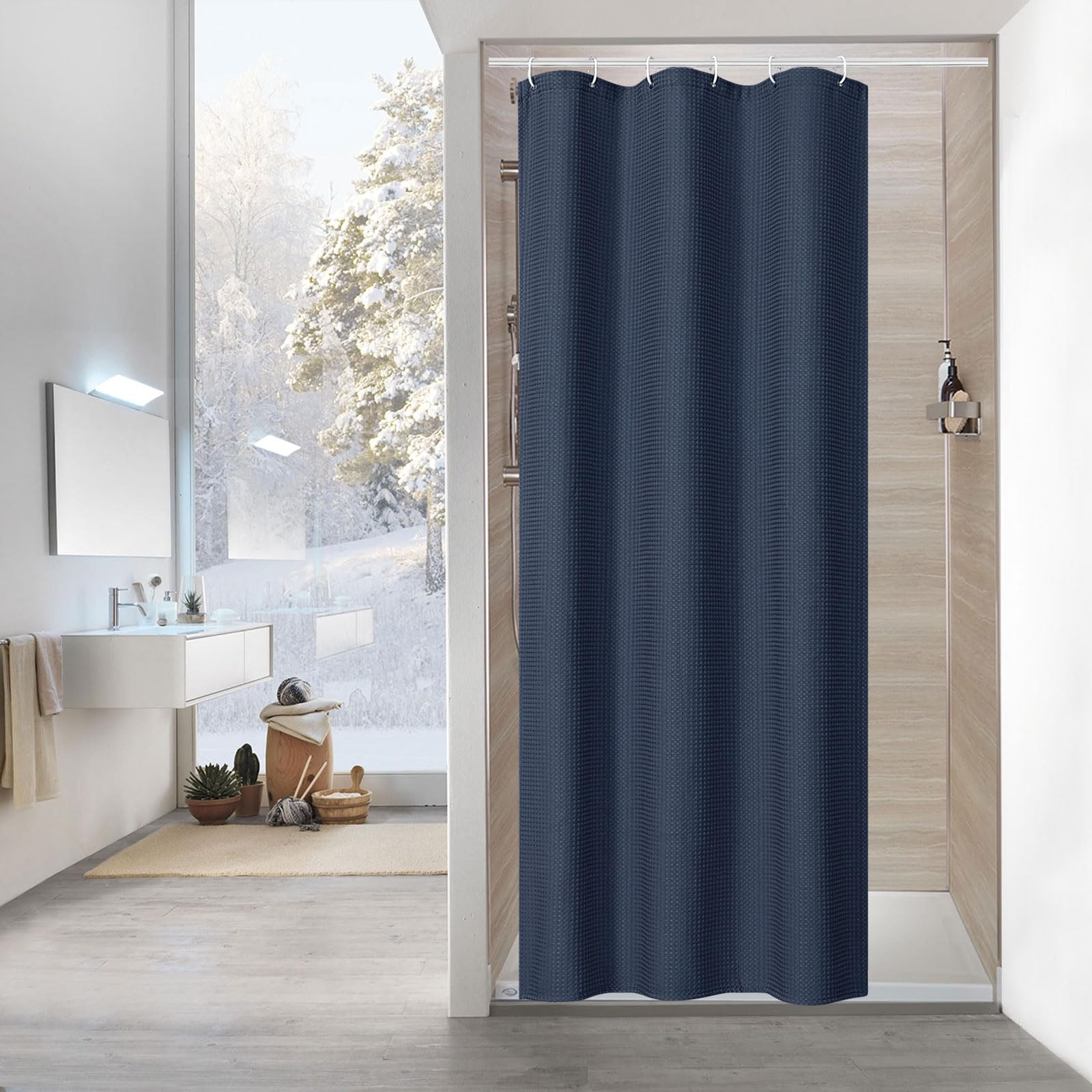 Blue Waffle Weave Half Size Shower Curtain 36 x 72 Inches - Narrow Fabric Bathroom Decor with Hooks - Navy Blue Shower Curtain Set for Small Stall, RV, Dorm & Apartment Bathrooms