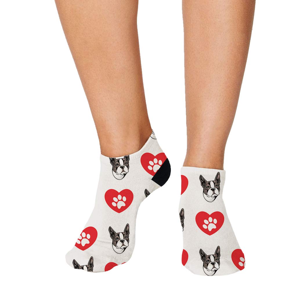 Boston Terrier Dog Heart Paws Pattern Socks for Men & Women - 3 Pairs Ankle Socks Set, Polyester Blend, Novelty Crazy Socks - Perfect for Pet Lovers, Casual Wear & Gift Giving