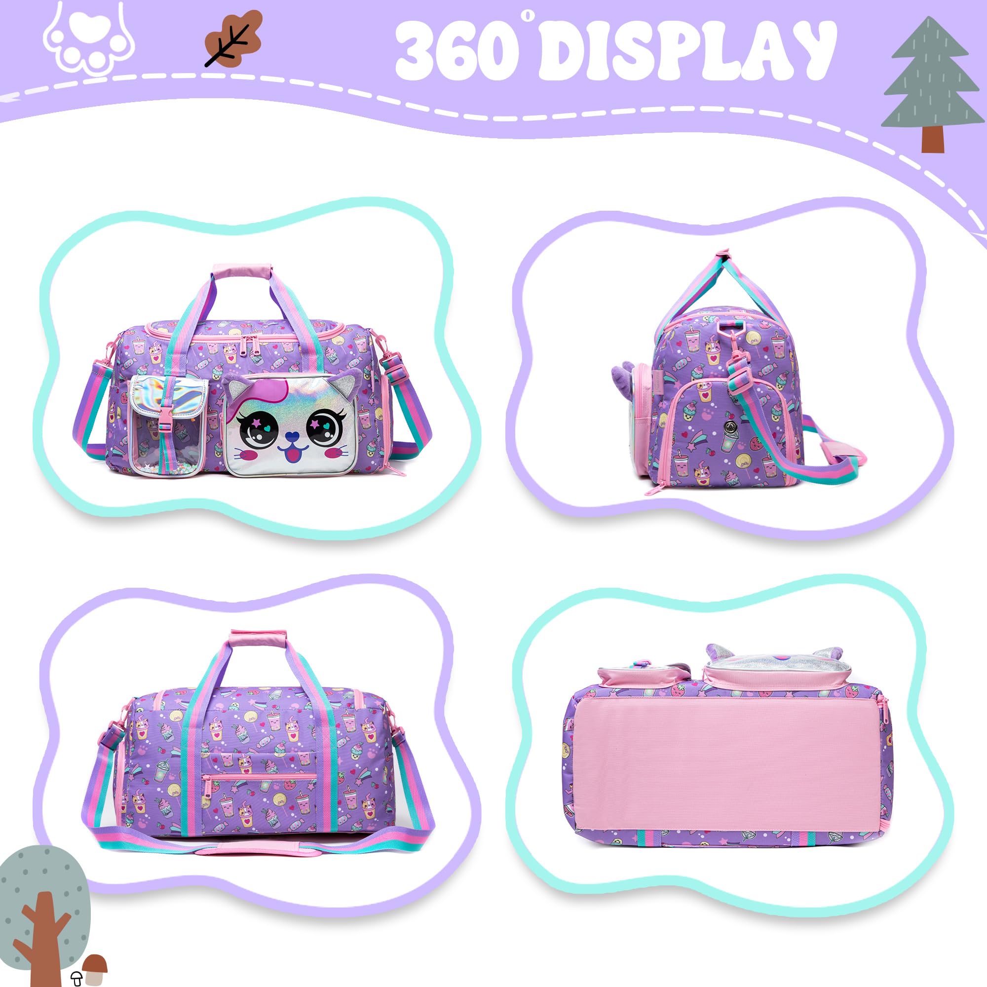 Kids Travel Duffle Bag - Cute Cat Design Gym & Dance Bag for Girls with Shoe Compartment | Perfect for Sleepovers, Sports & School Activities