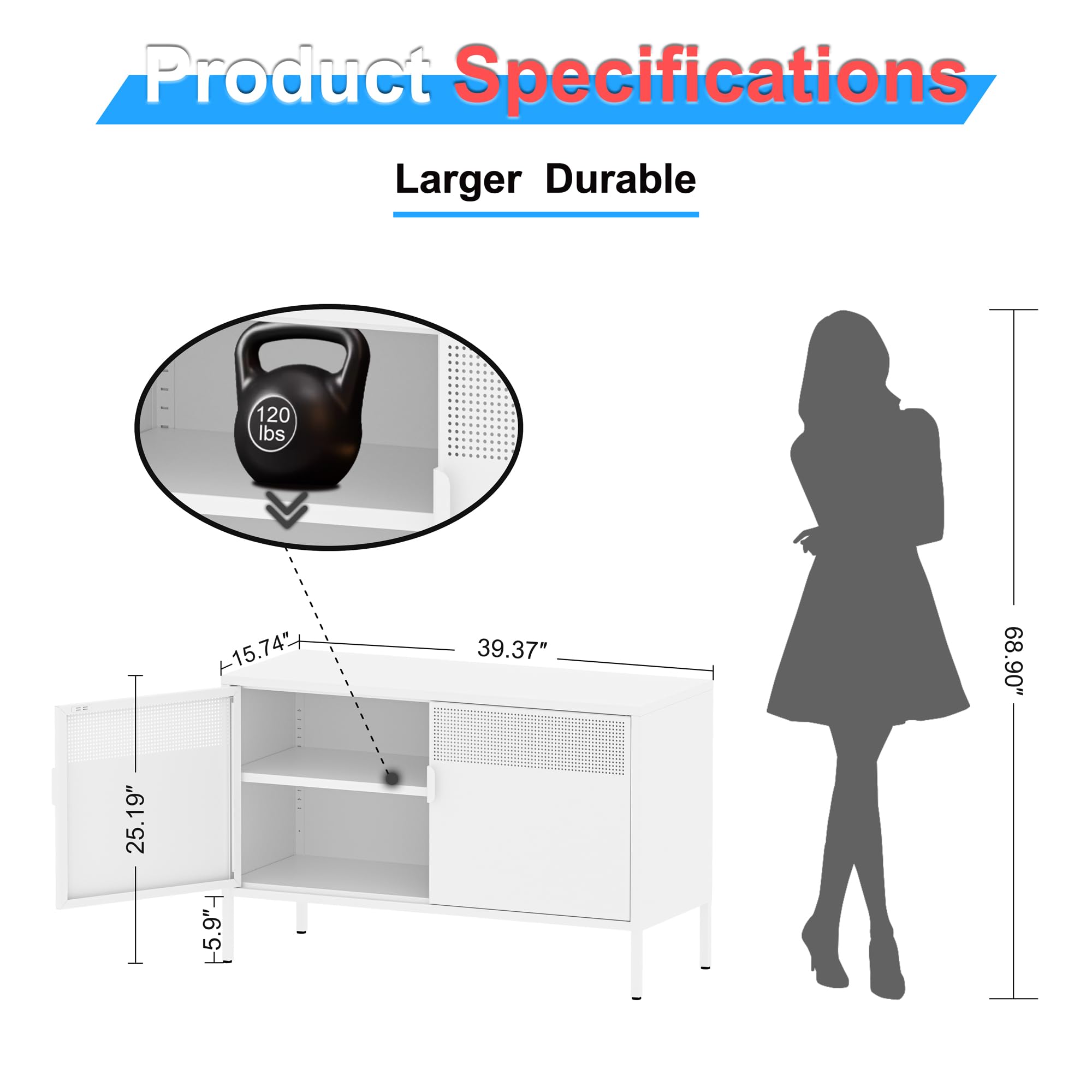 2 Door White Metal Storage Cabinet with Adjustable Shelf - 2-Tier Office & Home Organization Cabinet - Multipurpose Metal Locker for Bedroom, Living Room, Entryway (25