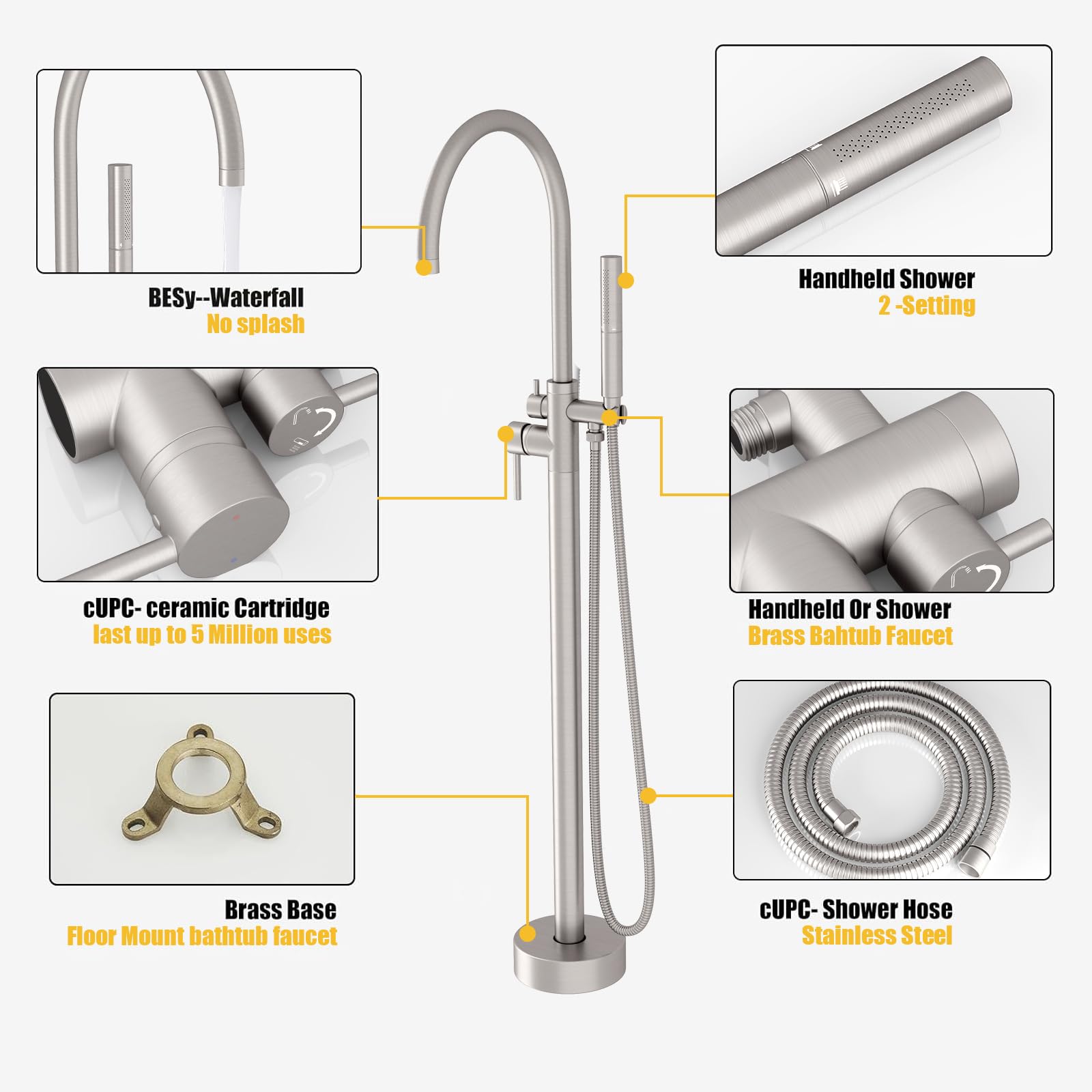 BESy Freestanding Bathtub Faucet - Floor Mount Brass Tub Filler with 2-Function Hand Sprayer & Swivel Spout, Brushed Nickel Finish - Perfect for Modern Bathroom & Spa Relaxation