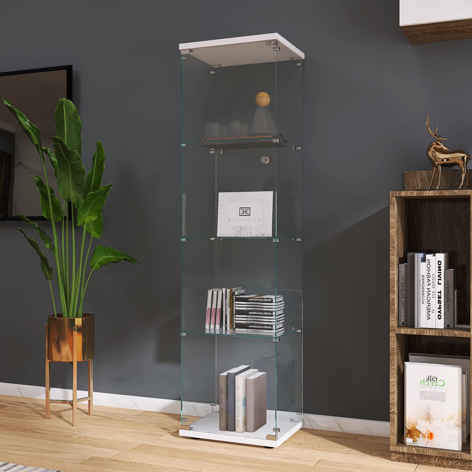 Glass Display Case Cabinet with Glass Doors & Shelves - Wall Mounted Curio Cabinet, Corner Bookcase & Glass Bookshelf Storage for Living Room, Bedroom, Office (White) - Perfect for Showcasing Collectibles, Books & Decorative Items