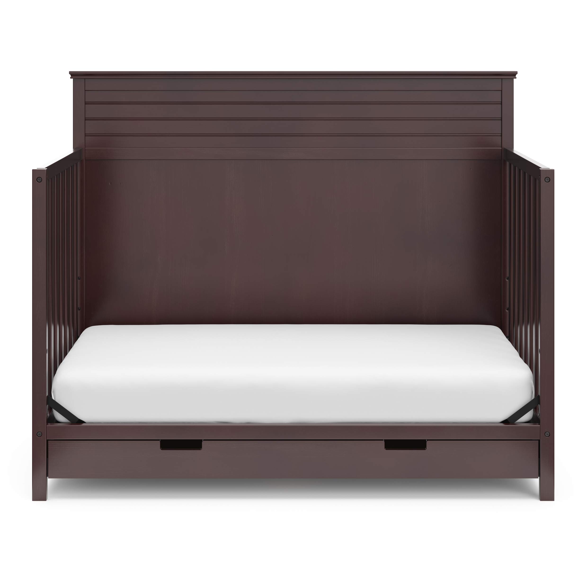 Storkcraft Homestead 5-in-1 Convertible Crib with Storage Drawer in Espresso - Baby Crib to Toddler Bed, Daybed & Full Bed Conversion - Nursery Furniture with Built-in Storage - Perfect for Small Spaces & Growing Families