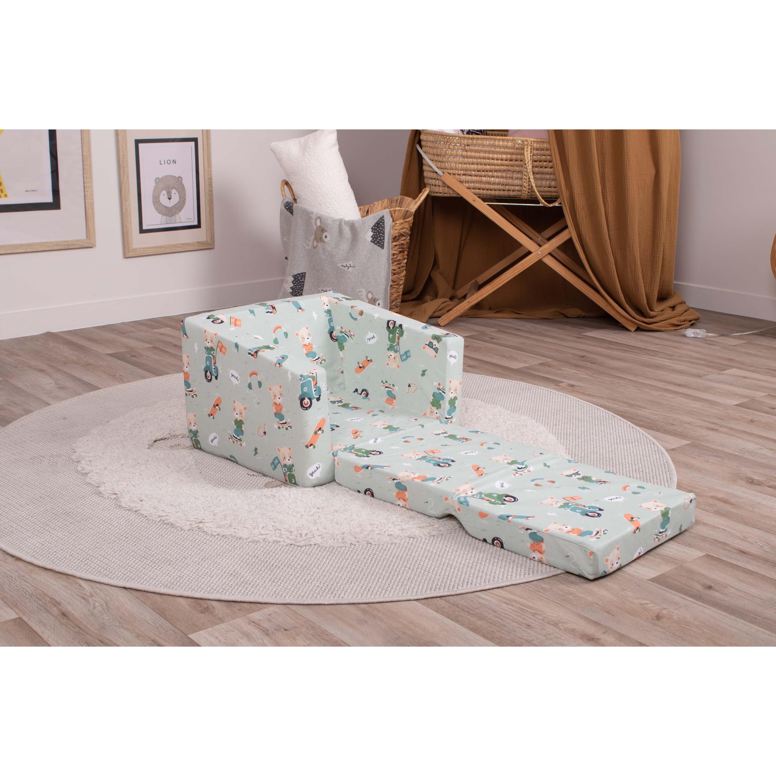 Delsit Foldable Toddler Chair - Portable Kids Couch & Bed with Removable Washable Cotton Cover - Lightweight Safe Design with Soft Corners for Boys & Girls - Perfect for Playrooms, Bedrooms & Travel | Skater Bear Design - Ideal for Reading, Napping & Indoor Playtime