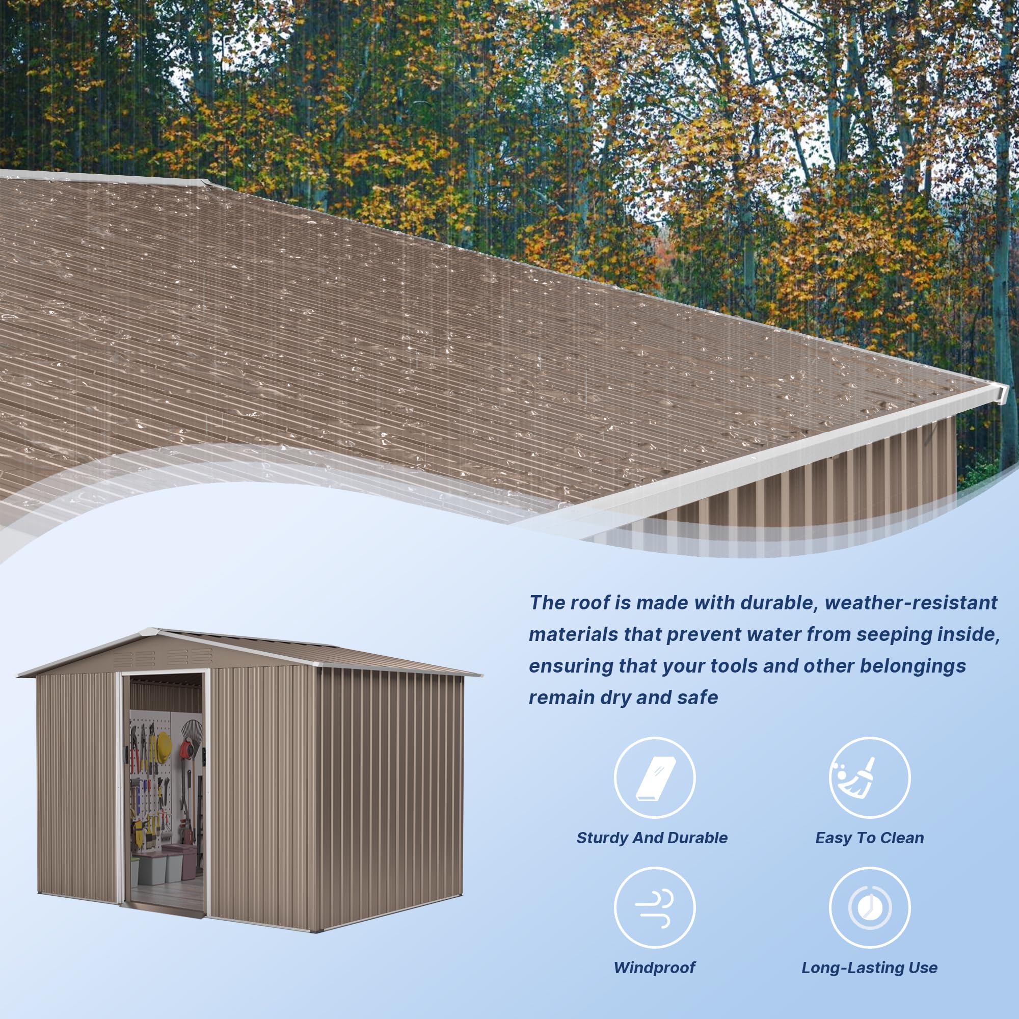 Kullavik 8FT x 6FT Waterproof Metal Outdoor Storage Shed with Lockable Sliding Door & Air Vents - Heavy Duty Garden Shed for Patio, Lawn, Backyard, Tools & Equipment Storage | Perfect for Home, Garage & Yard Organization