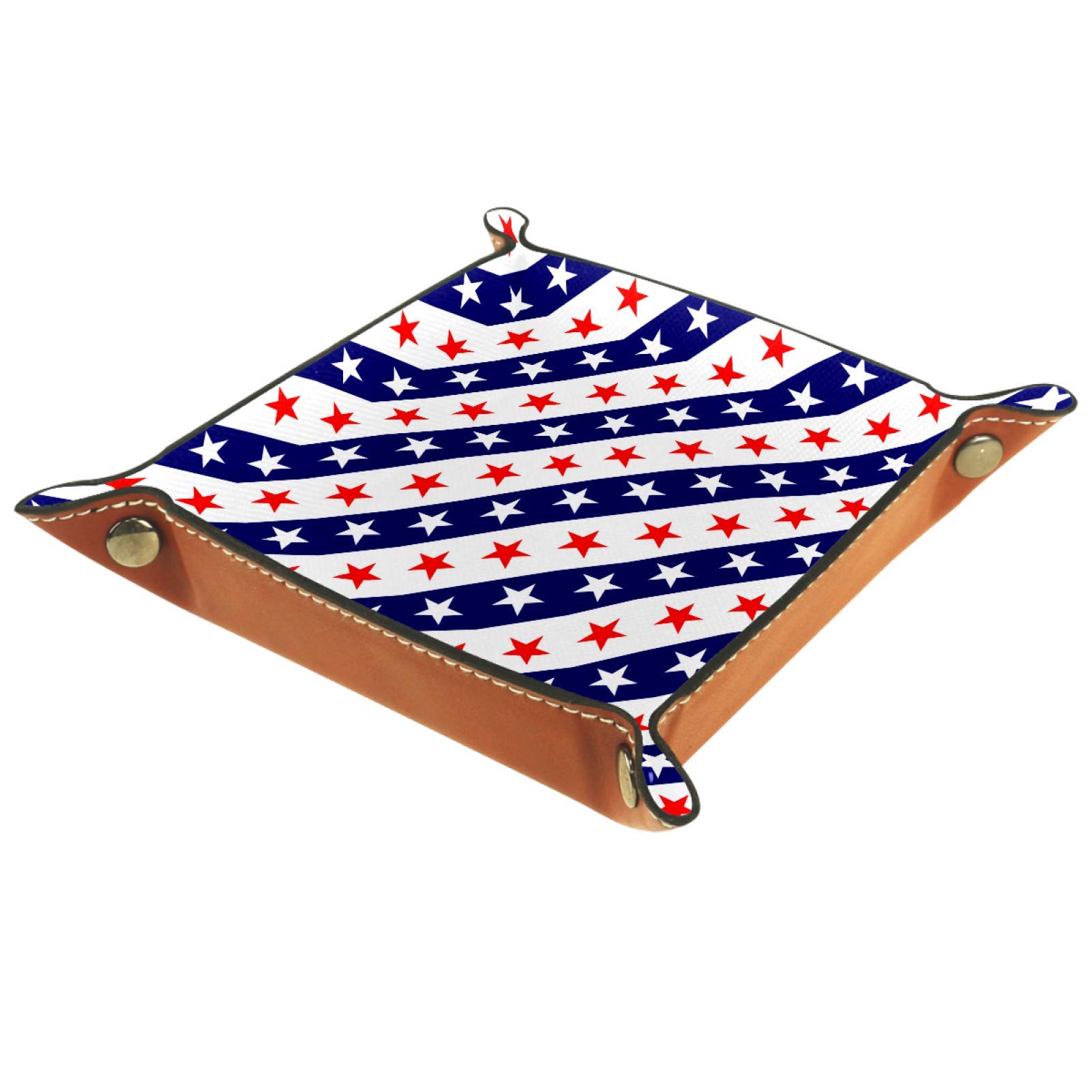 Red White Blue Stars USA Flag Leather Tray Organizer - Square Storage Box for Wallets, Watches, Keys, Coins & Phones | Office & Home Desk Decor | Perfect for Patriotic Gift & Jewelry Display