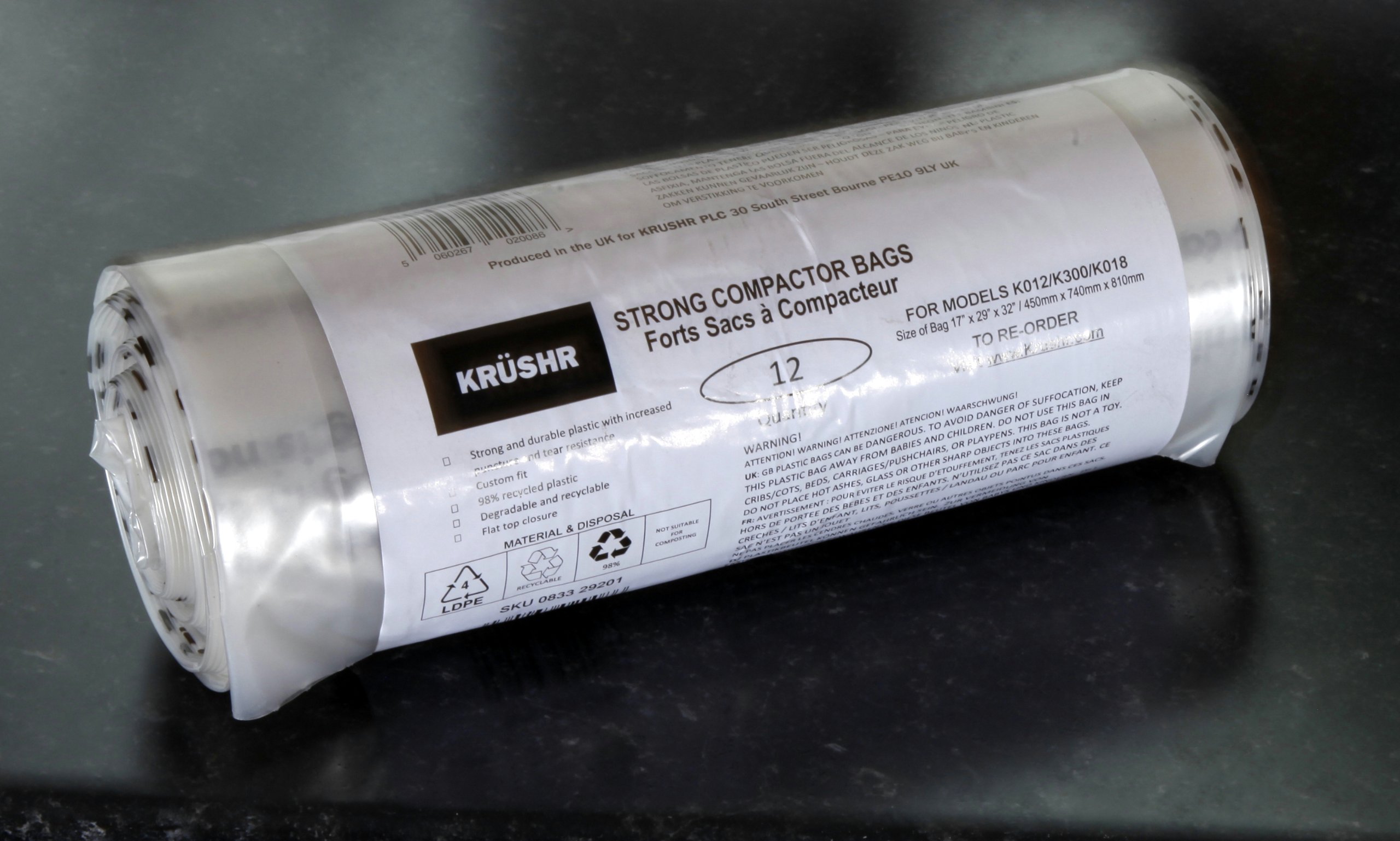 Krushr Compactor Bags - 12 Count Roll of Heavy Duty Recyclable Trash Bags for Krushr K012 & K018 Compactors | Perfect for Kitchen, Garage & Commercial Waste Disposal