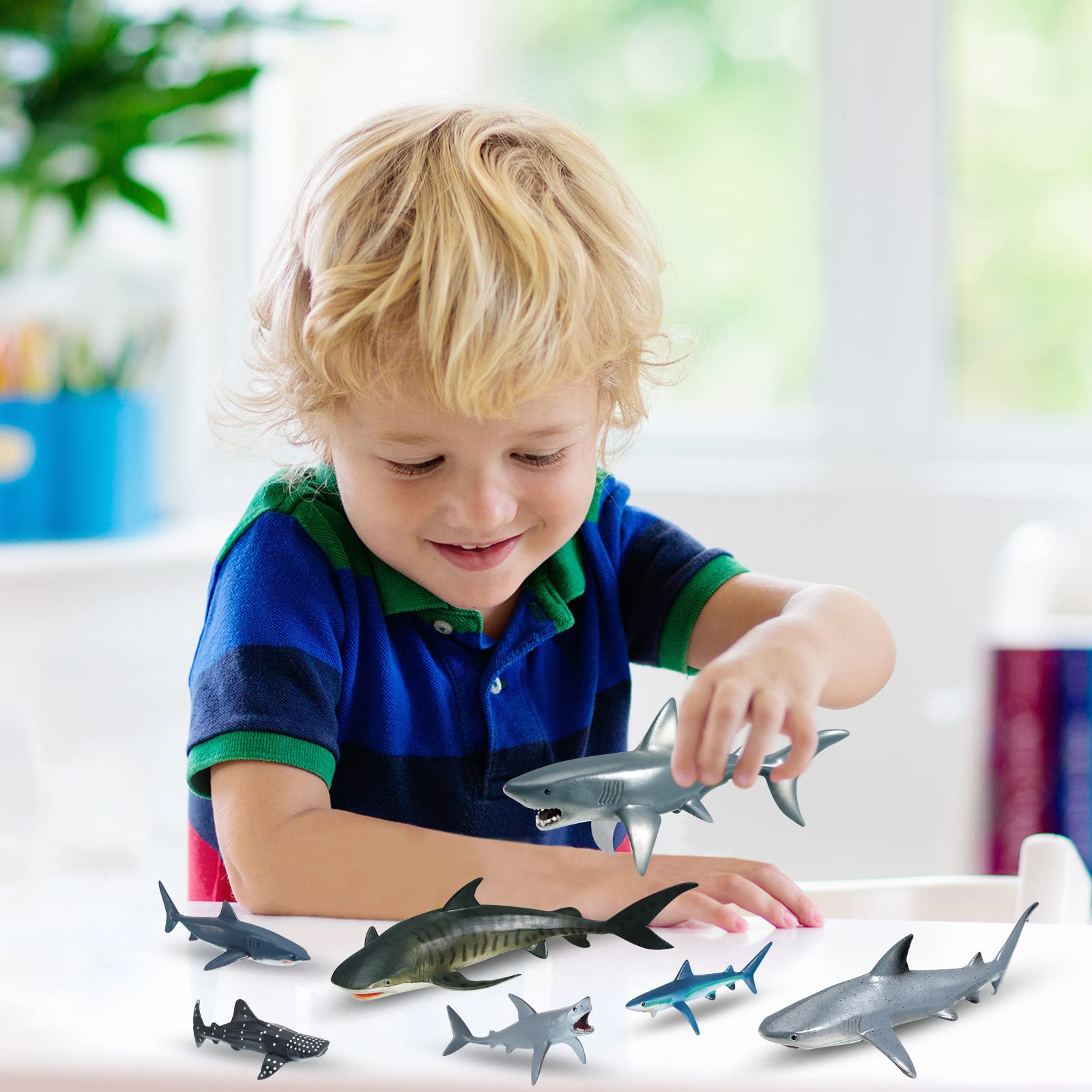 15 Pcs Realistic Shark Toys Assorted Ocean Animal Figurines - Plastic Marine Creature Bath Toys for Kids, Birthday Party Favors, Cake Toppers, and Educational Cognitive Play
