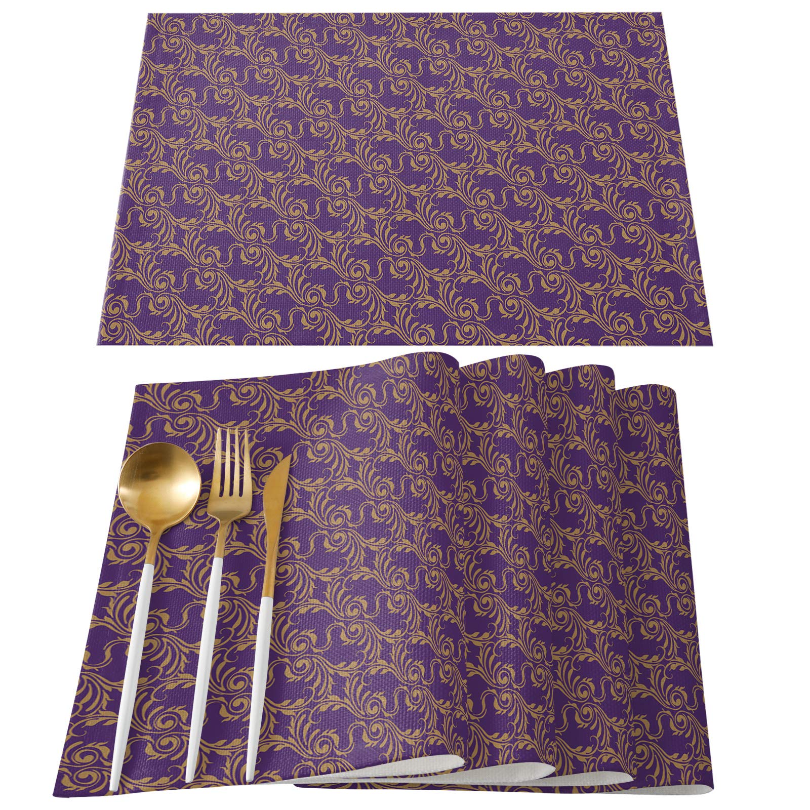 Vintage Jacquard Cotton and Linen Placemats Set of 4 - Heat Resistant, Non-Slip, Washable Table Mats for Dining Table - European Style Purple Home Decor - Perfect for Dinner Parties, Holiday Meals & Everyday Use