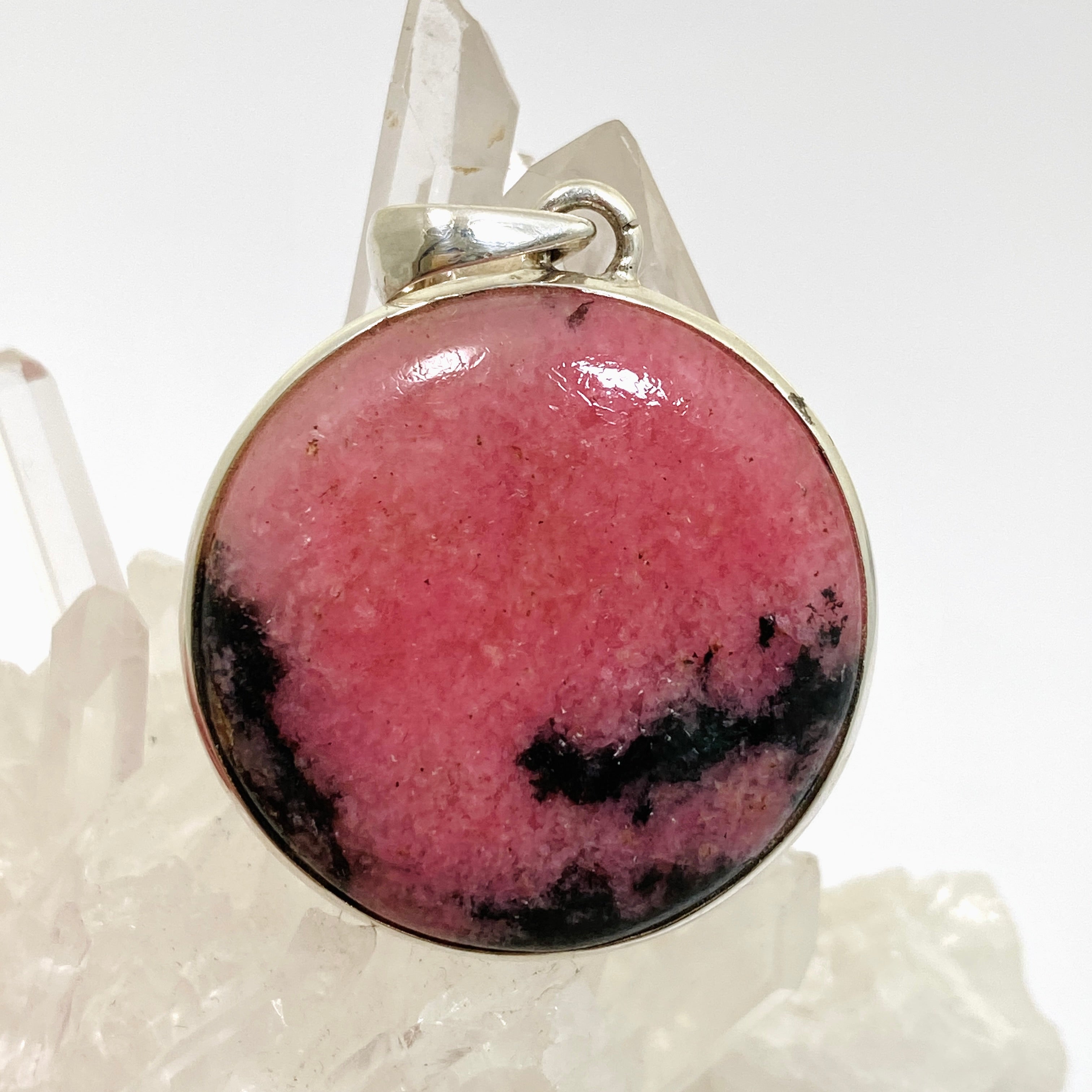 Natural Rhodonite Round Cabochon Pendant - 925 Sterling Silver Jewelry PPGJ1057 for Healing, Meditation & Spiritual Gifts