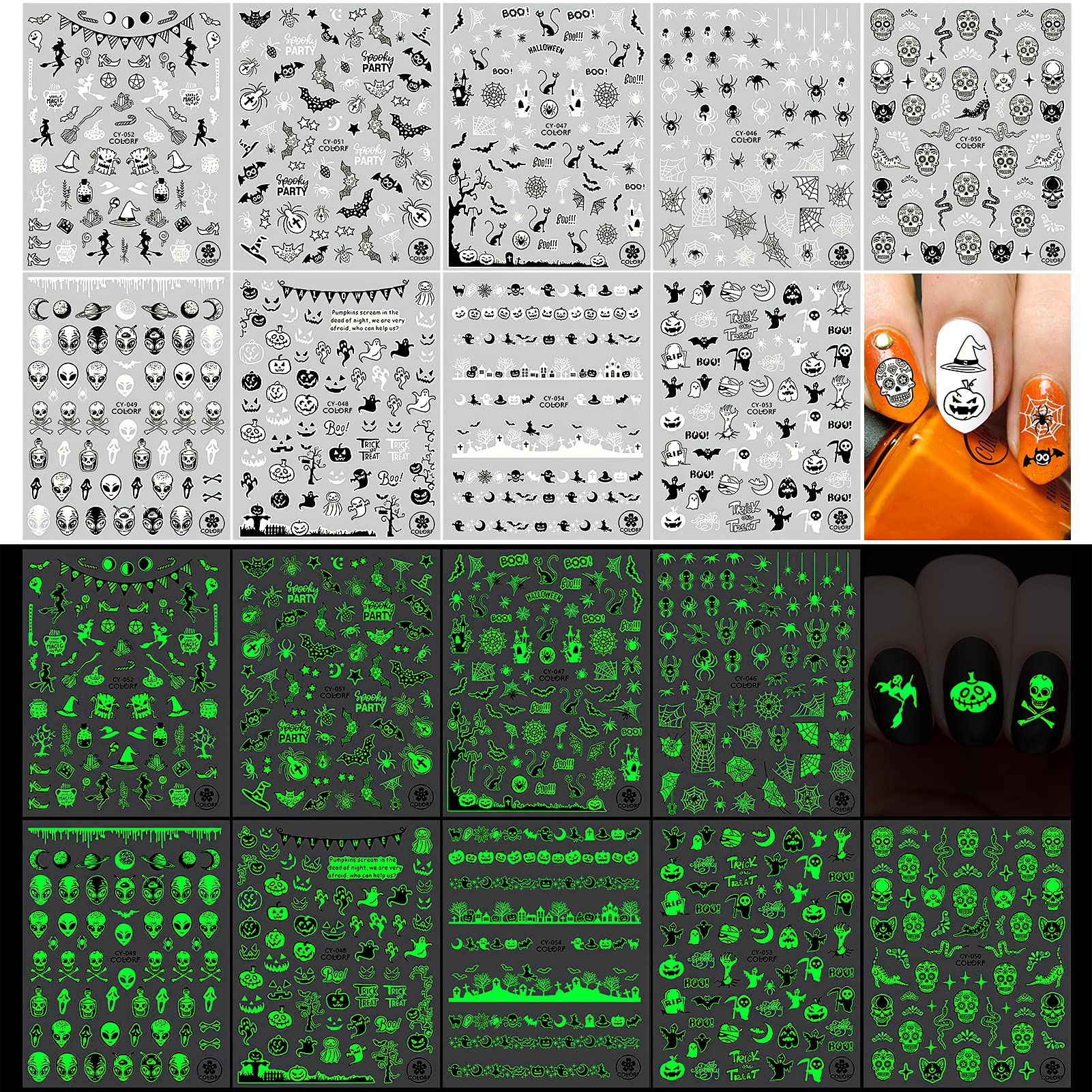 600+ Pcs Glow in The Dark Halloween Nail Stickers - Sugar Skull, Spider, Bat, Pumpkin & Ghost Horror Nail Art Decals - Self-Adhesive Nail Stickers for Women - Perfect for Trick or Treat Bags, Party Favors & Halloween Nail Art Designs