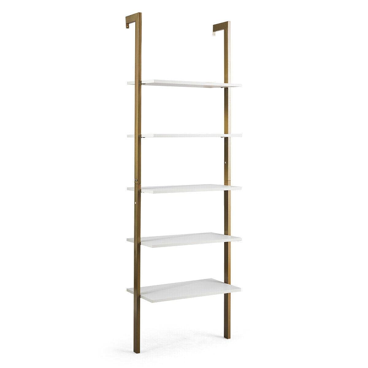 5-Tier Wooden Ladder Shelf - Wall Mounted Bookshelf with Metal Frame in White & Gold - Decorative Display Shelf for Living Room, Bedroom, or Office Storage & Organization
