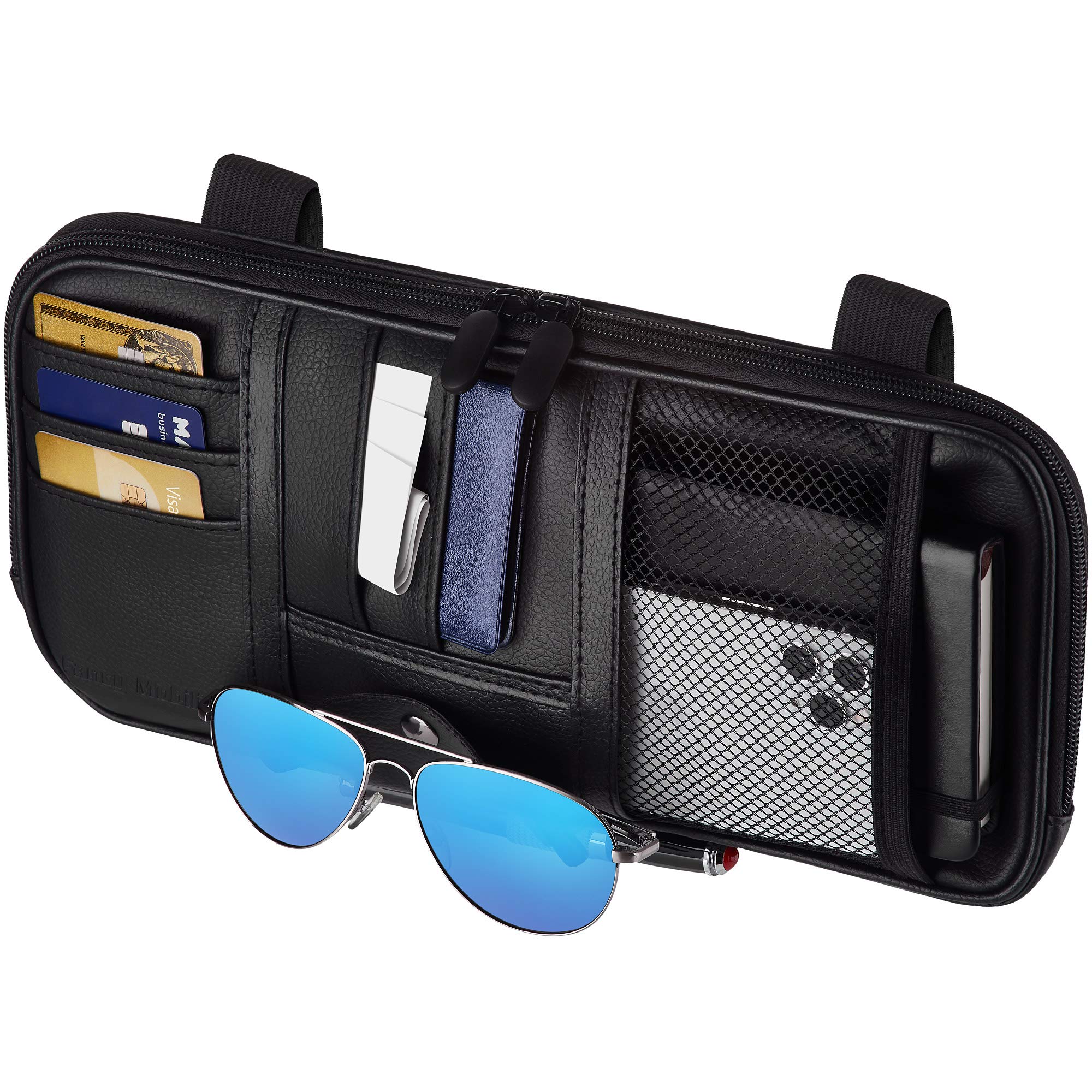 Magnetic Car Sun Visor Organizer for Car, SUV, Truck - 12.2 x 6.1 Inch Black Glasses Holder with Full-Length Horizontal Pockets | Perfect for Sunglasses, Cards & Small Essentials Storage While Driving