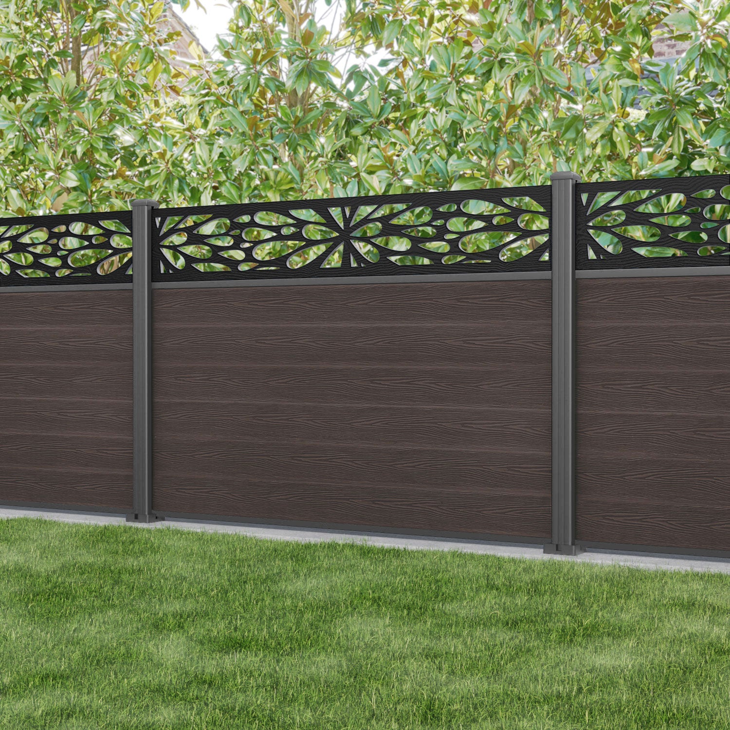 Classic Blossom Fence Panel - Mid Brown Aluminum Garden Fence with Rust-Resistant Posts for Outdoor Privacy & Decoration | Perfect for Backyard, Patio, and Poolside Landscaping