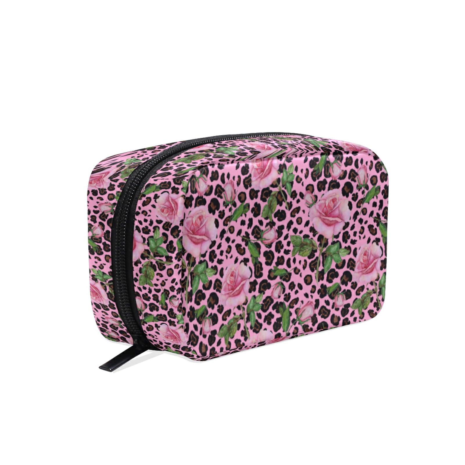 MNSRUU Small Cosmetic Bag for Women & Girls - Pink Leopard Print with Roses Design, Travel Makeup Toiletry Organizer Bag with Multiple Compartments | Perfect for Travel, Gym, Daily Use & Gift Giving