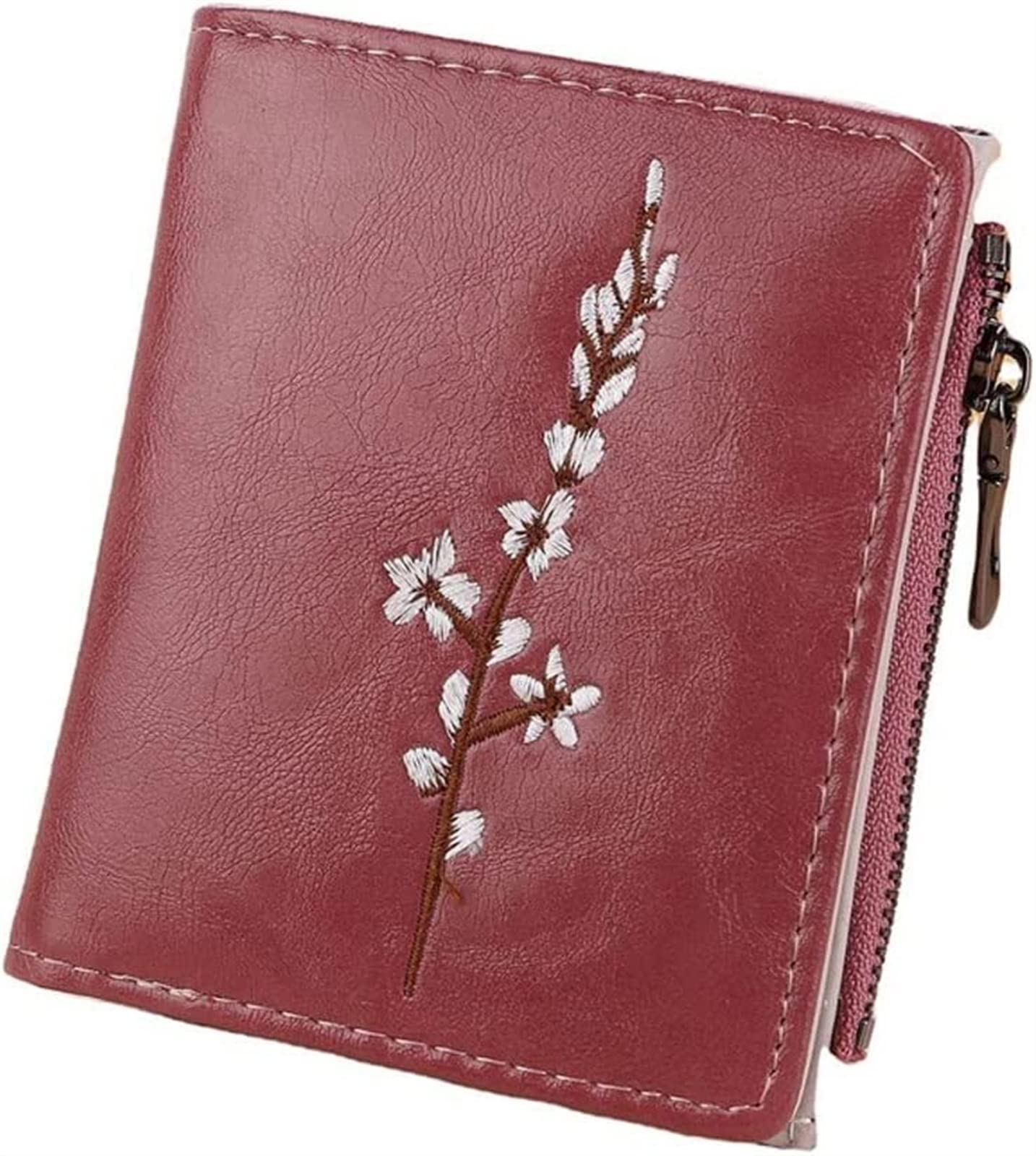 Women's Leather Wallet with Embroidery - Foldable Zipper Coin Purse & Card Holder, Plum Blossom Design (Color A) - Perfect for Everyday Use, Travel, and Gift Giving