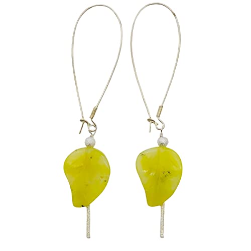 Korean Jade Carved Leaf Sterling Silver Drop Earrings - 3.25