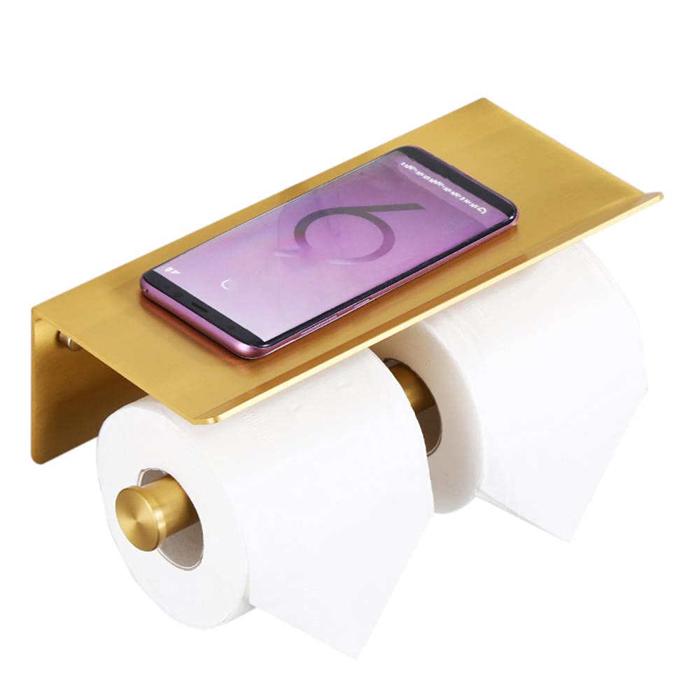 No-Drill Self-Adhesive Toilet Paper Holder with Shelf - Space Saving Aluminum Wall Mount Bath Tissue Roll Holder for Kitchen & Bathroom - Golden B - Perfect for Small Spaces & Modern Home Decor