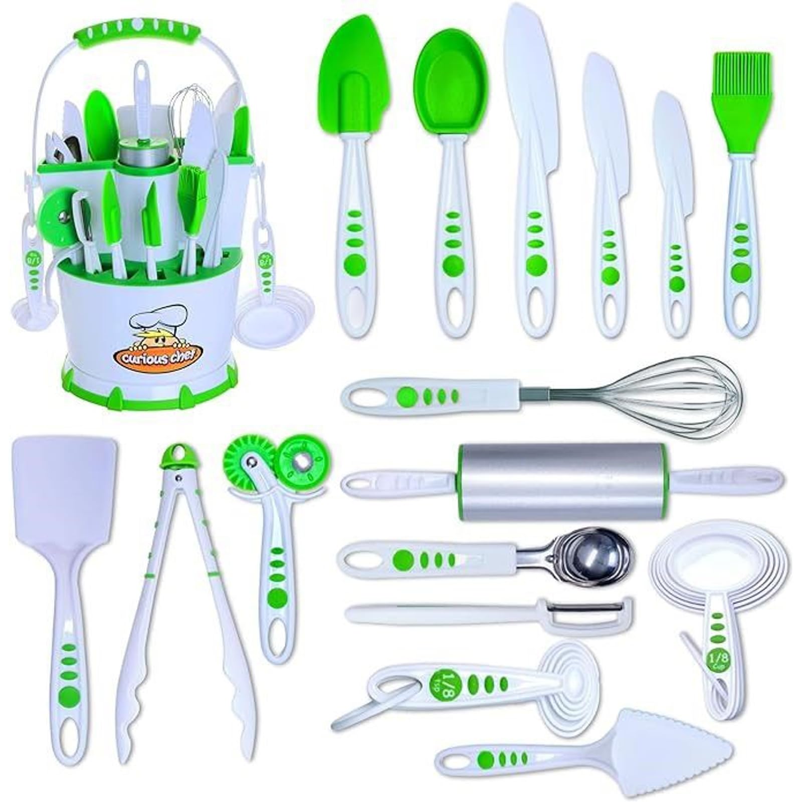 Curious Chef 30-Piece Kids Cooking Set - BPA-Free Plastic Cookware with Utensils (Rolling Pin, Spoons, Whisk, Knives, Measuring Cups) | Dishwasher Safe | Perfect for Pretend Play, Early Cooking Skills & Family Kitchen Fun