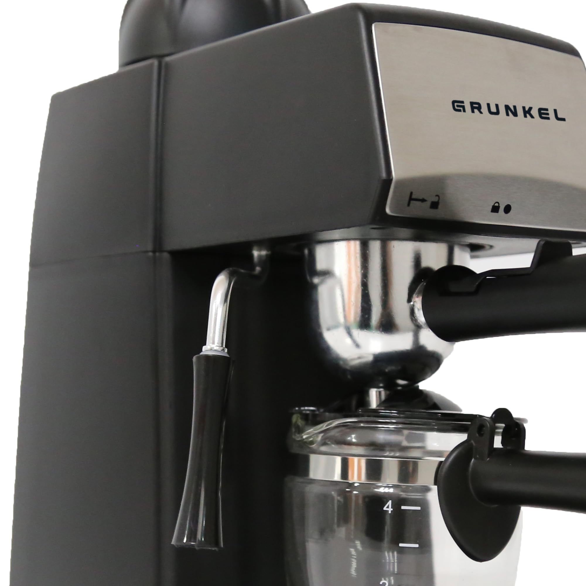 Grunkel 4-Cup Espresso Coffee Maker with 5 Bar Pressure, 870W, Built-in Safety Foam Gun, Black & Steel - Perfect for Home, Office, and Small Cafes