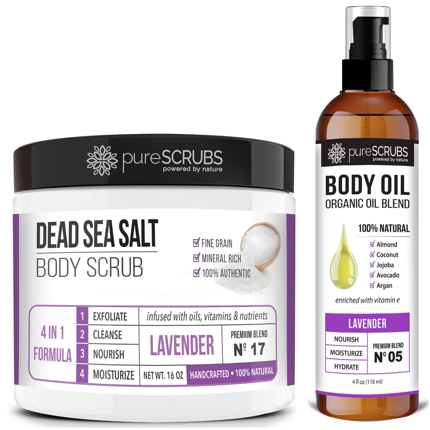 PureSCRUBS Lavender Body Scrub & Body Oil Set - Exfoliating & Moisturizing Skincare Duo for Dry Skin - Spa Day & Self Care Gift for Women