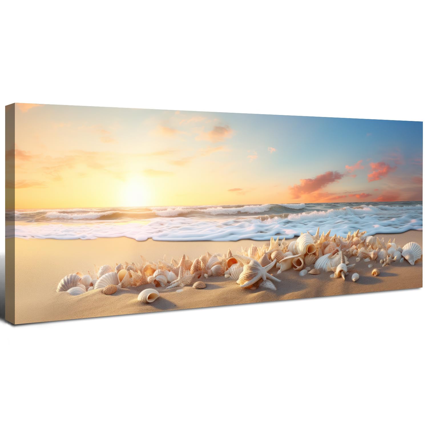 Sunset Beach Canvas Wall Art - Ocean Waves Scenery Painting for Home & Office Decor | Tropical Coastal Wall Decor with Starfish & Shells | Perfect for Living Room, Bedroom & Workspace | 24x48 Inch Landscape Artwork