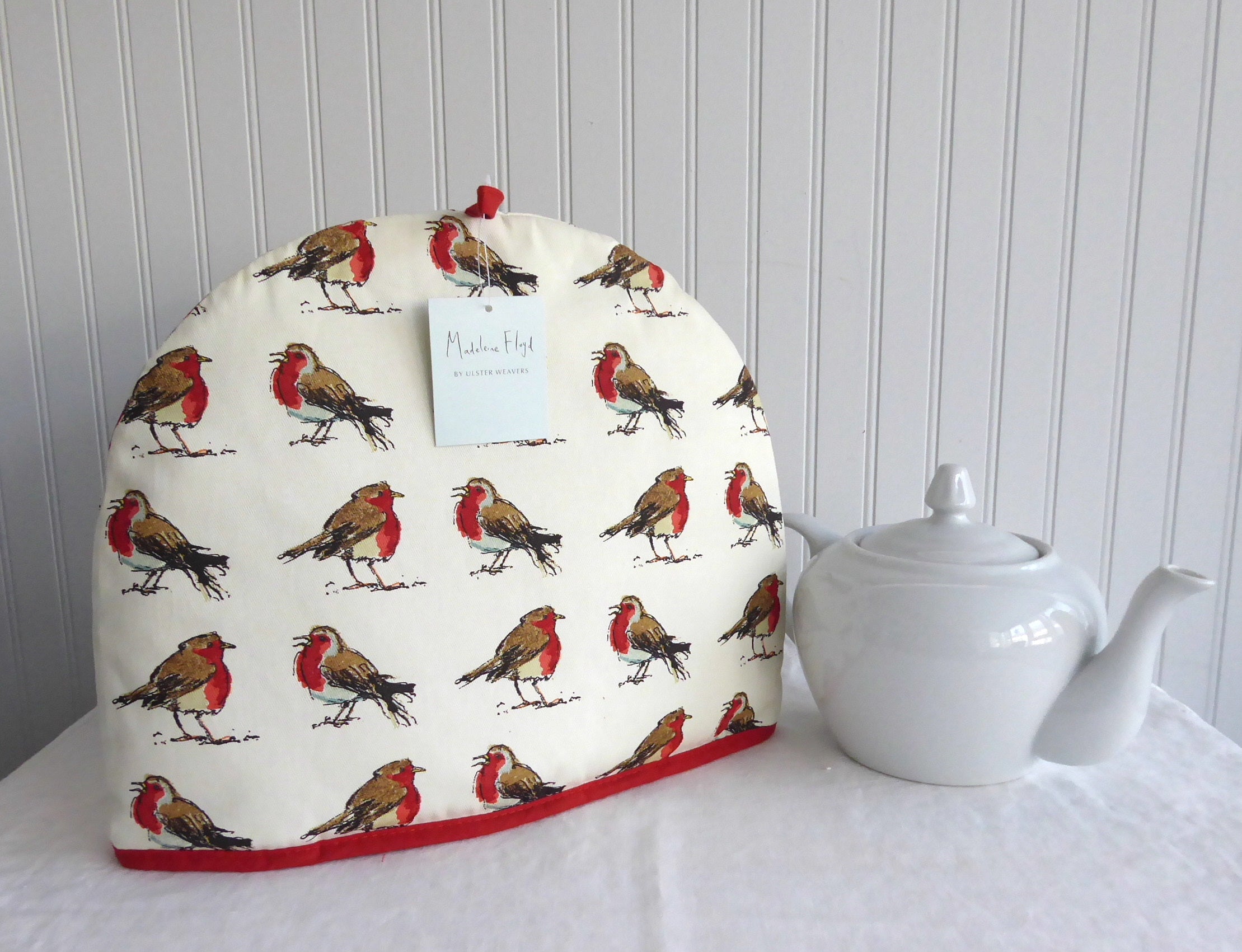 Red Robins Birds Tea Cozy - Padded Madeleine Floyd Design - Large Ulster Style - Perfect for Afternoon Tea & Kitchen Decor