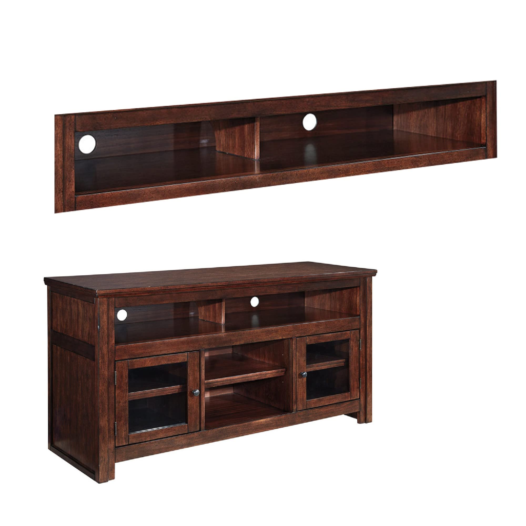 Benjara Large Brown Wooden TV Stand with Two Glass Door Cabinets & Open Shelves - Perfect for Living Room Entertainment Center, Home Theater Setup & Media Storage
