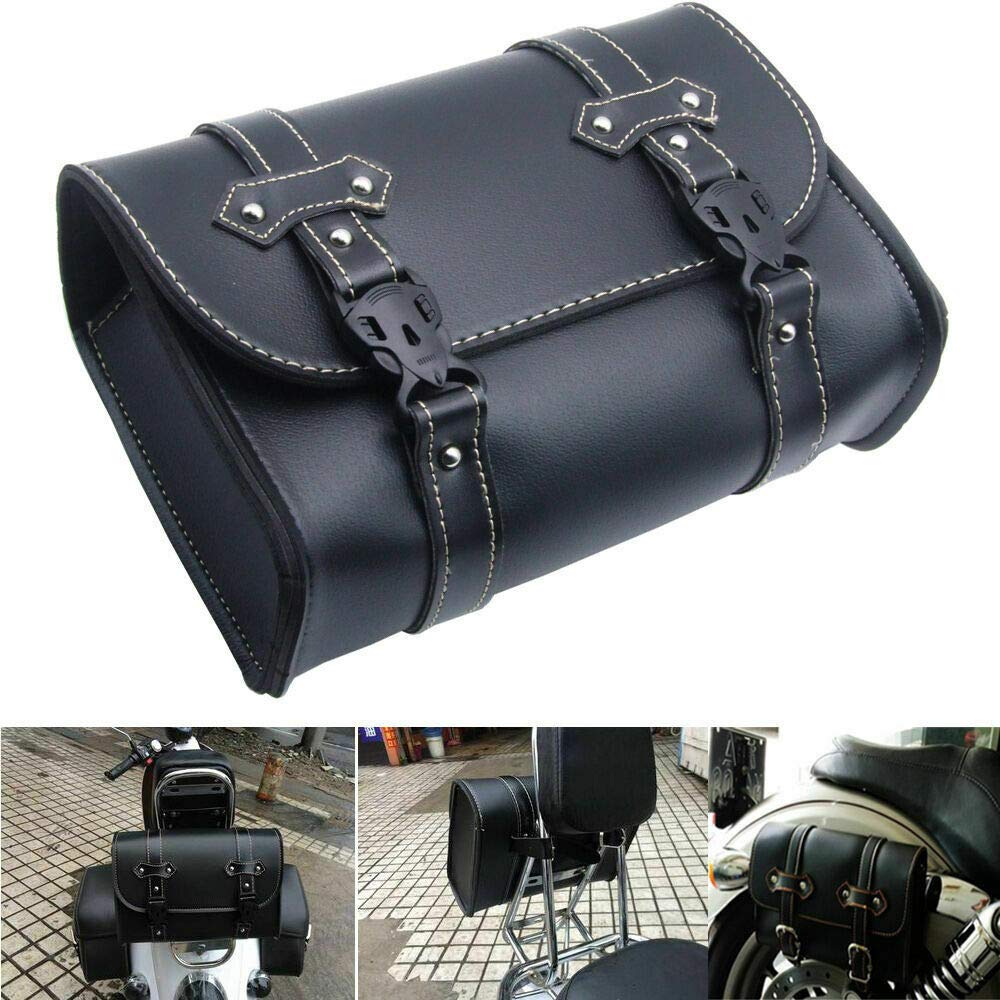 MACHSWON Universal PU Leather Motorcycle Saddle Bag - Waterproof Front/Rear/Side Tool Storage Bag with Zipper, Black - Perfect for Harley, Cruiser & Adventure Bikes (Fits Phone, Wallet & Riding Essentials)