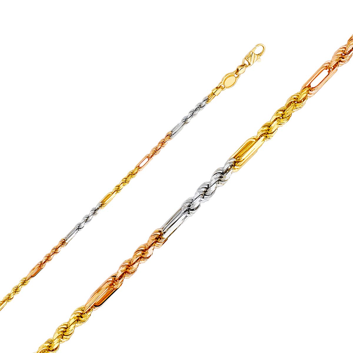 14K Tri-Color Gold Solid 3mm Figaro Chain Necklace for Men & Women - Unisex Real Gold Rope Chain with Lobster Claw Clasp & Jewelry Gift Box - Perfect for Gifts, Weddings, Anniversaries & Everyday Wear