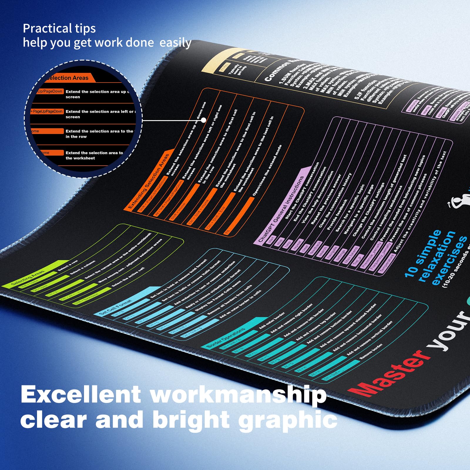 Waterproof Mouse Pad with Excel Cheat Sheet - 9 Major Excel Function Modules & Common Shortcuts - Extra Large XL Desk Mat for Gaming, Office & Computer Work - Perfect for Excel Users, Programmers & Gamers