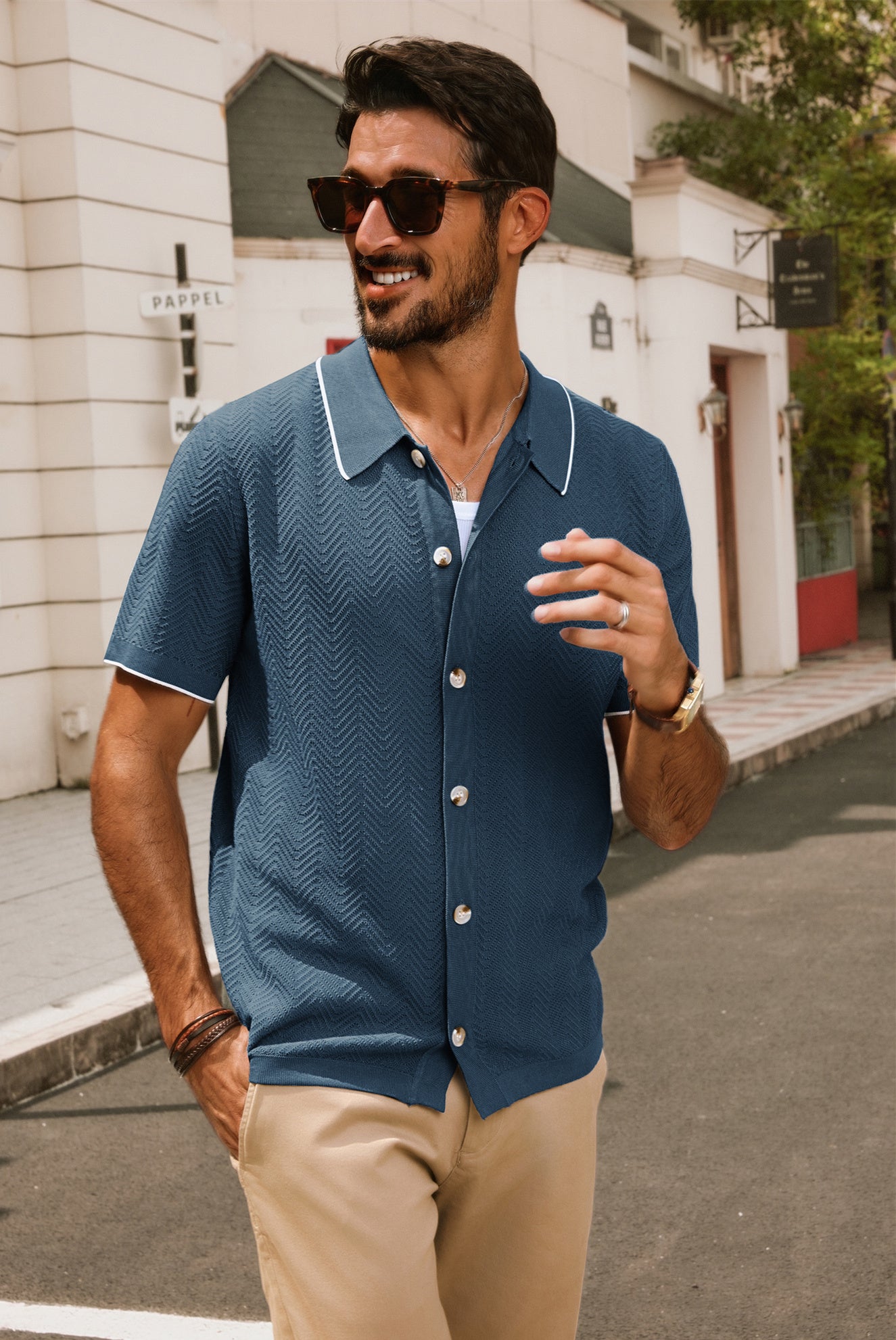 Men's Textured Short Sleeve Cardigan with Lapel Collar - Button Up Knit Sweater for Casual Wear & Spring Layering