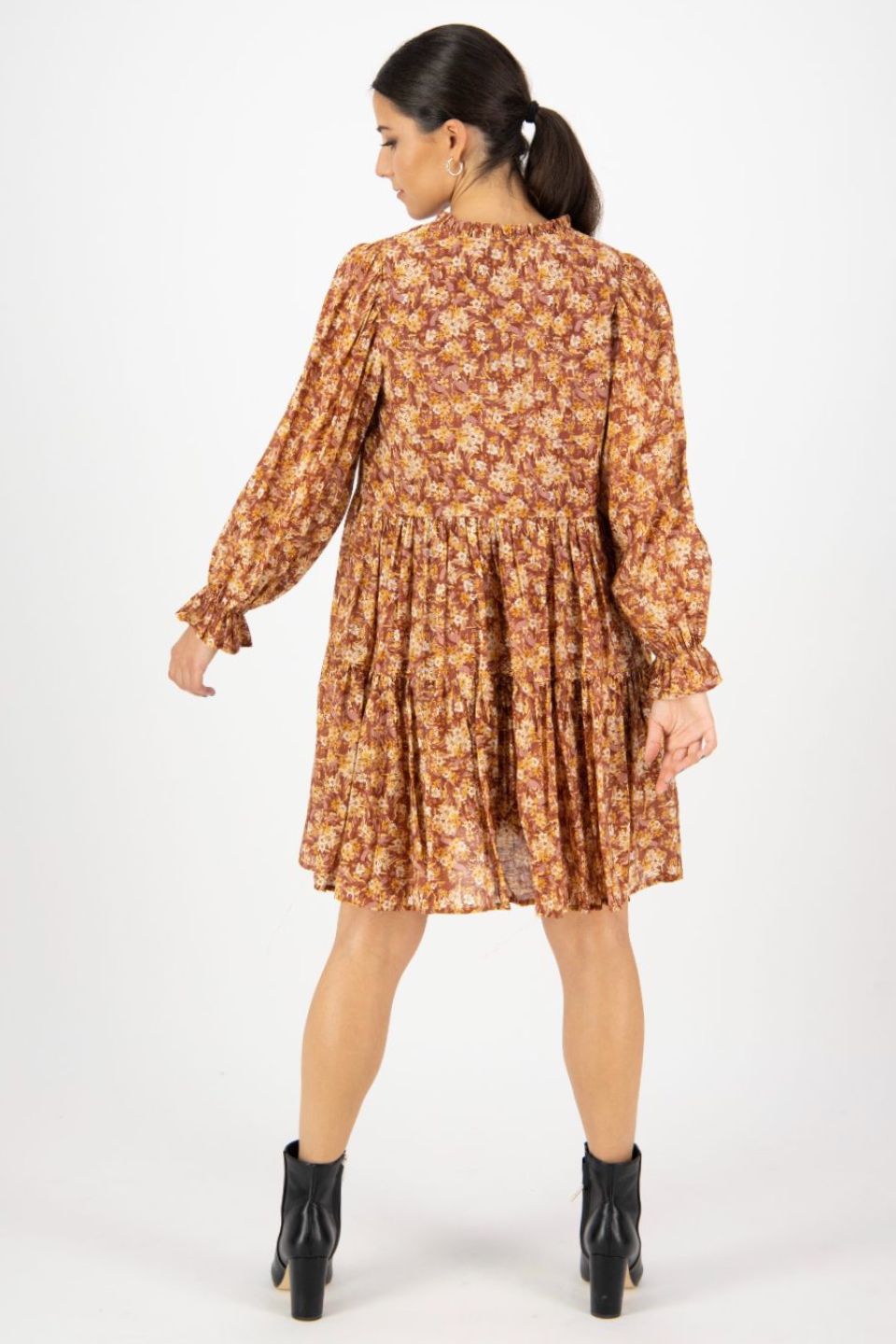 Billie Rust Floral Long Sleeve Frill V-Neck Tiered Mini Dress for Women | Elegant Party & Date Night Outfit