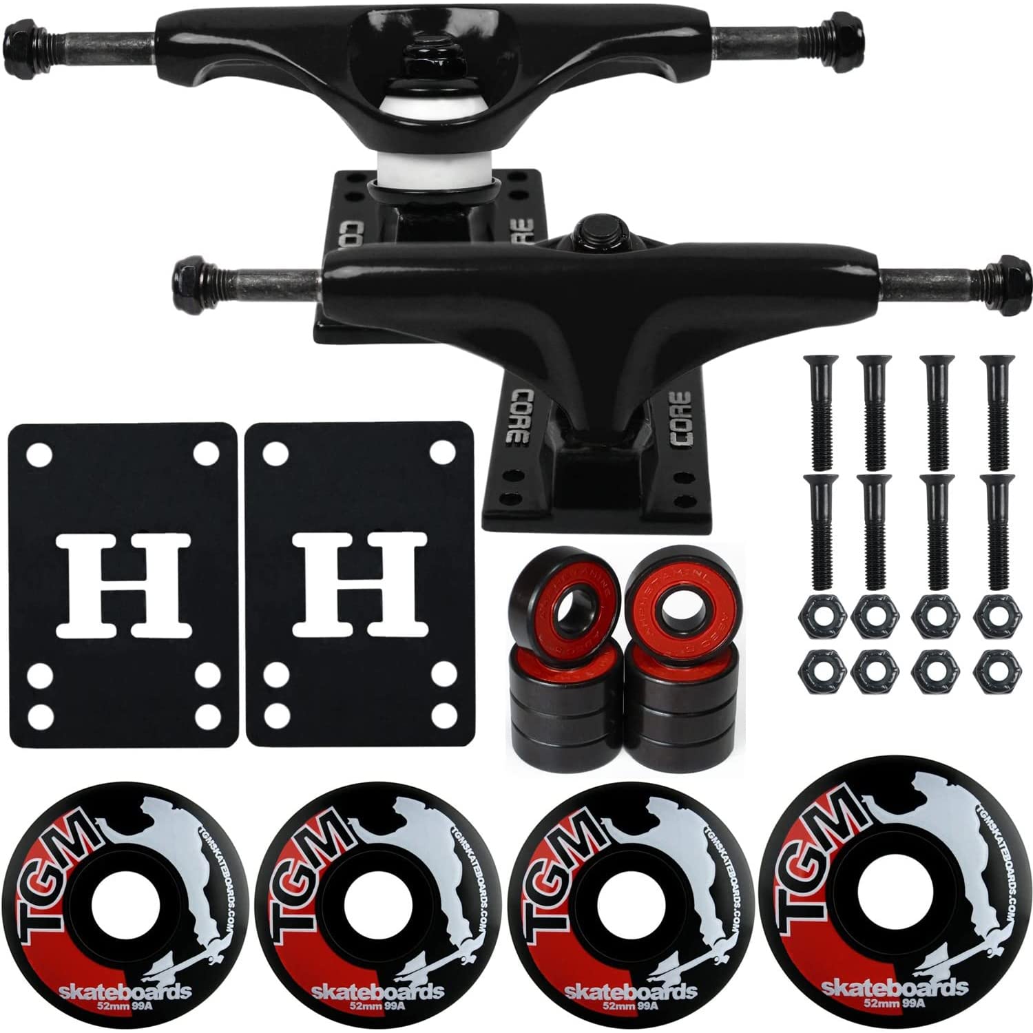Premium Core Black Skateboard Trucks & Wheels with ABEC 5 Bearings - High Performance Skateboard Parts for Street Skating & Tricks