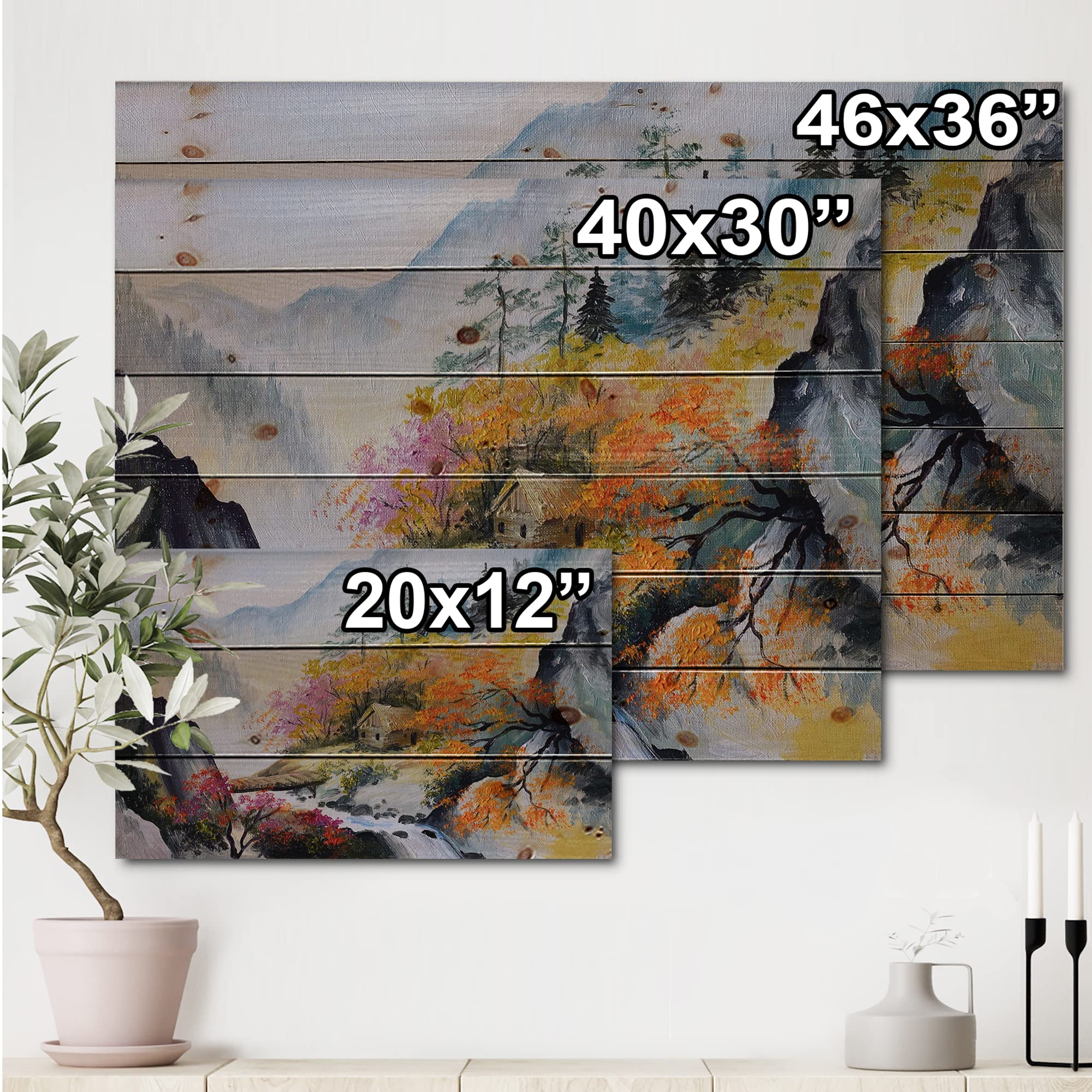 DesignQ Little House in Vibrant Mountain Landscape - Traditional Wood Wall Art Decor - Orange Wood Panel Print on Natural Pine - Large Landscape Wall Hanging for Living Room, Bedroom & Office Decor