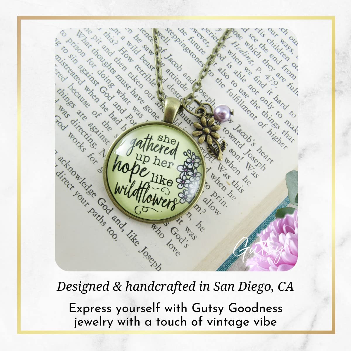 She Gathered Hope Wildflower Inspirational Necklace - Faith Jewelry with 24