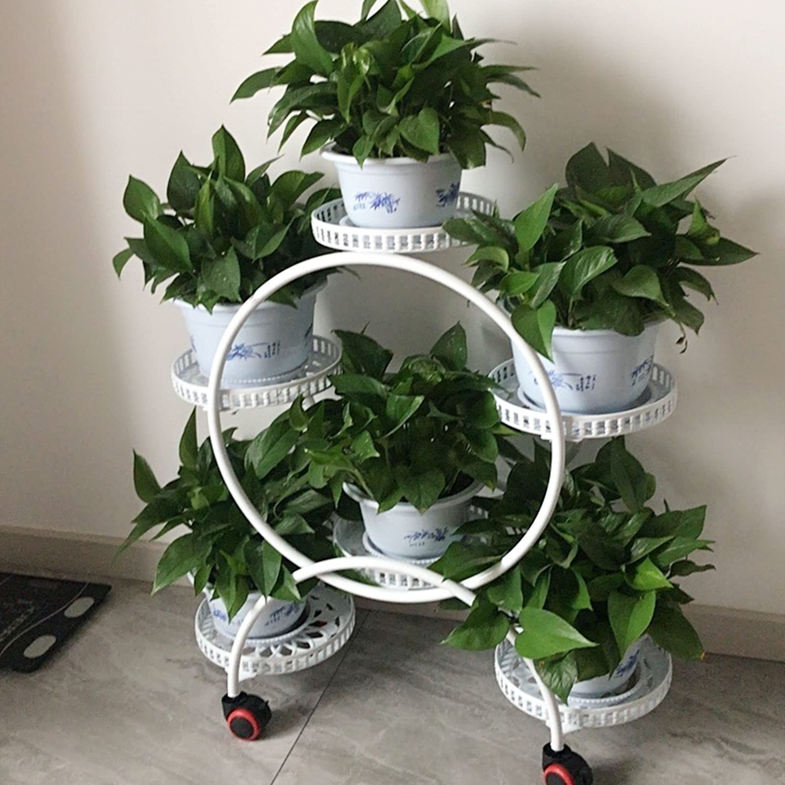 White Metal Plant Stand with Wheels for 6 Pots - Steel Frame Indoor Plant Shelf & Planter Display Unit for Multiple Plants - Perfect for Home Decor, Living Room, Balcony & Garden Plant Organization