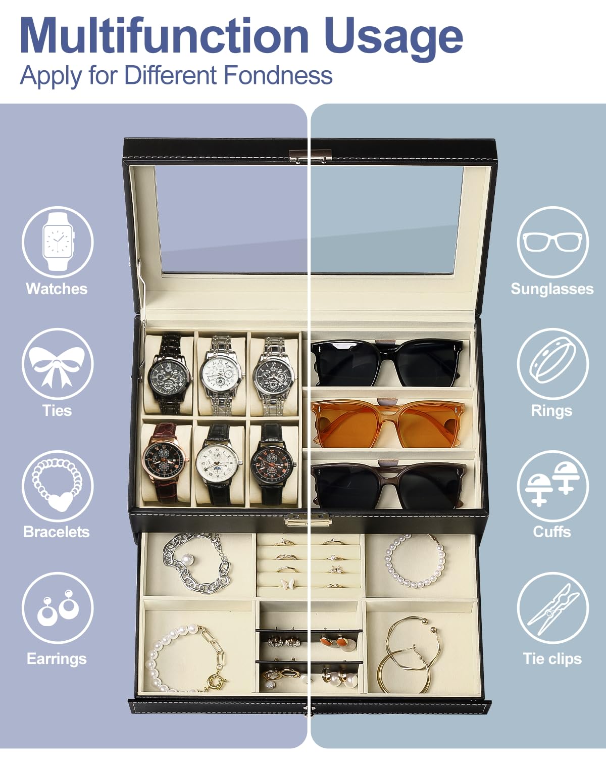 Jenseits 6-Slot Watch Box for Men & Women - PU Leather Watch Display Case with Lockable Drawer, Sunglasses Organizer & 2-Layer Jewelry Storage - Perfect Watch Holder for Father's Day Gifts, Travel & Home Decor