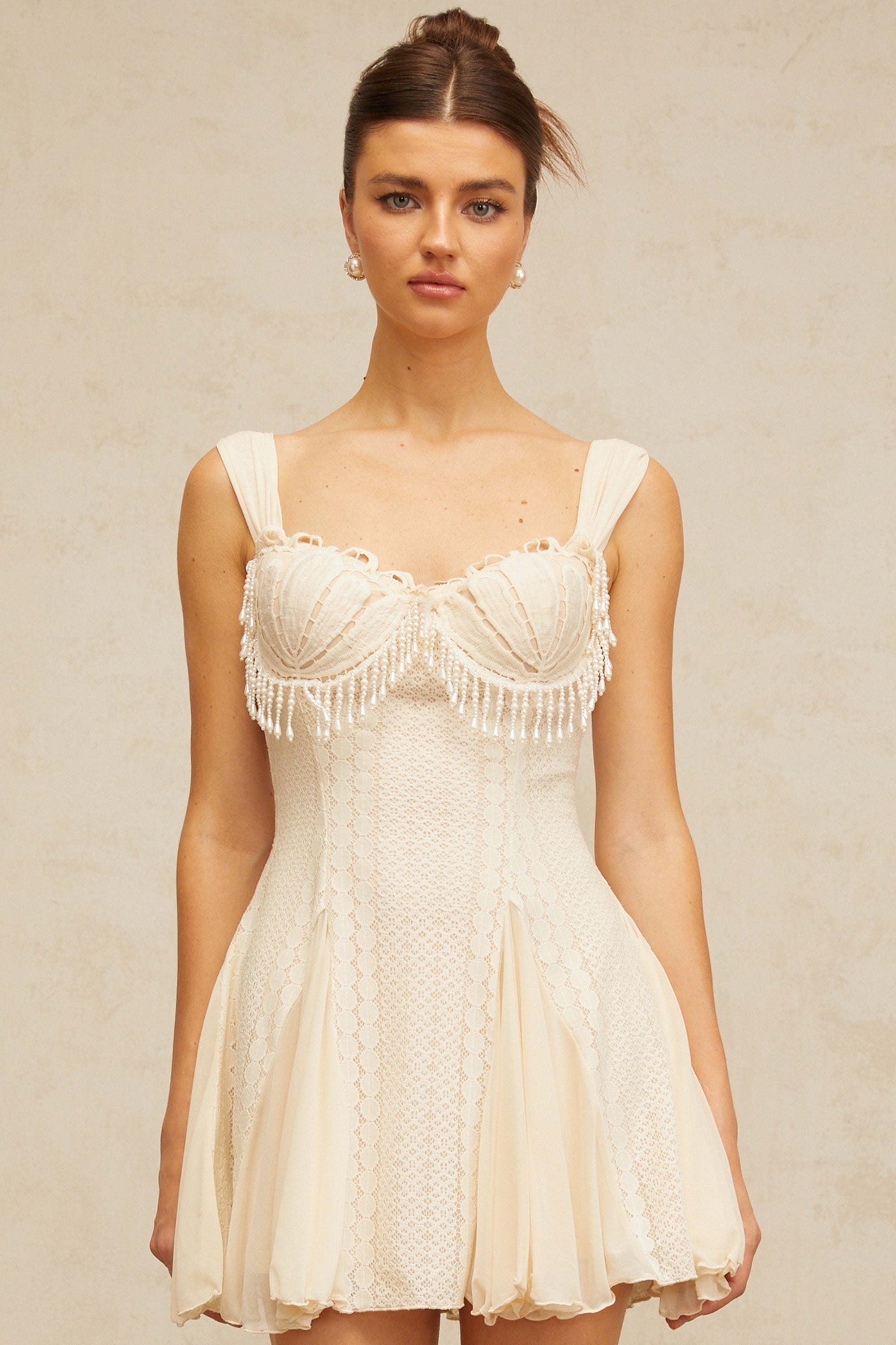 Atalanta Embellished Flared Mini Dress in Cream White - Perfect for Parties, Weddings & Special Occasions