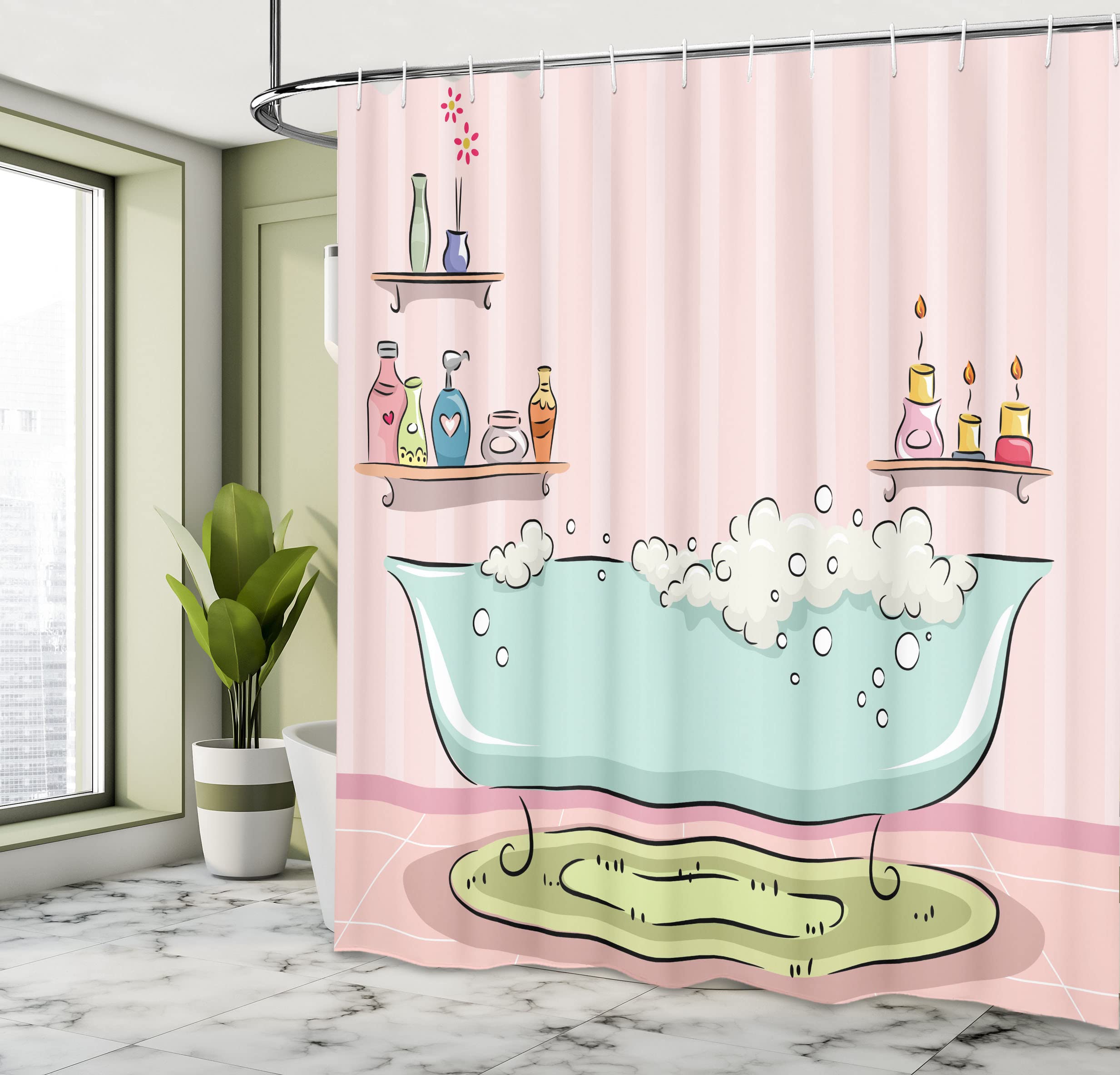 Ambesonne Feminine Shower Curtain - Pink & Blue Bathtub with Bubbles Illustration, Aromatherapy Bathroom Decor Set with Hooks, 69x70 Inches, Soft Cloth Fabric | Perfect for Spa-Like Bathrooms, Girls' Room Decor & Relaxing Aromatherapy Sessions