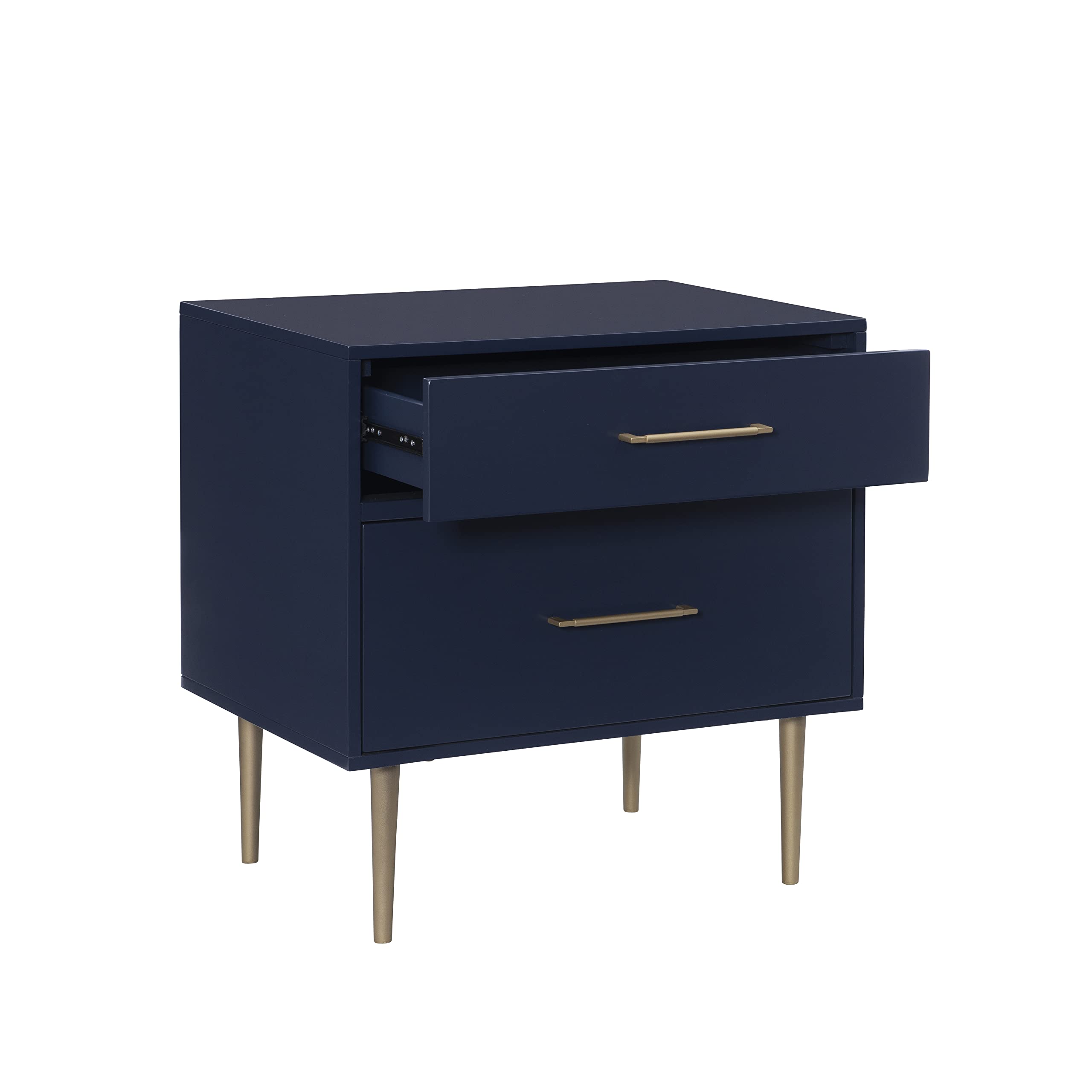 Linon Lennon Modern Navy Nightstand with Gold Hardware - 2 Drawer Bedside Table for Bedroom, Living Room & Office Storage