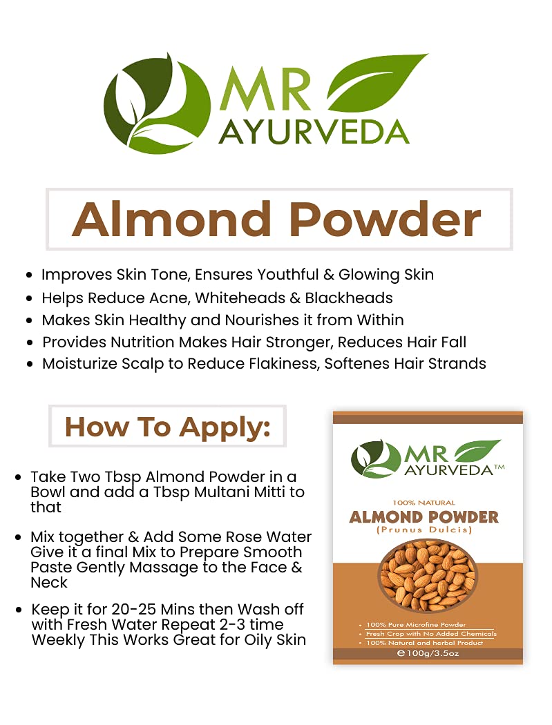 MR Ayurveda 100% Organic Pure Almond Powder (Badam Powder) - 100g | Natural Skin & Hair Care | For Face Masks, Hair Treatments & DIY Beauty Recipes