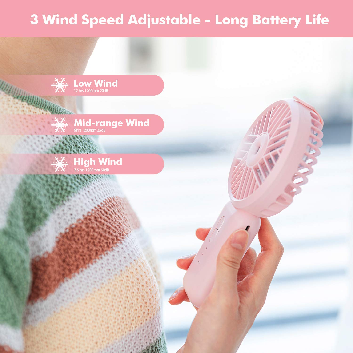 Neveika Portable Handheld Fan with 3 Speed Settings - Compact Personal Evaporative Air Cooler & Humidifier for Office, Dorm, Nightstand (Rose Pink) | Perfect for Home, Travel, Outdoor Activities & Hot Summer Days