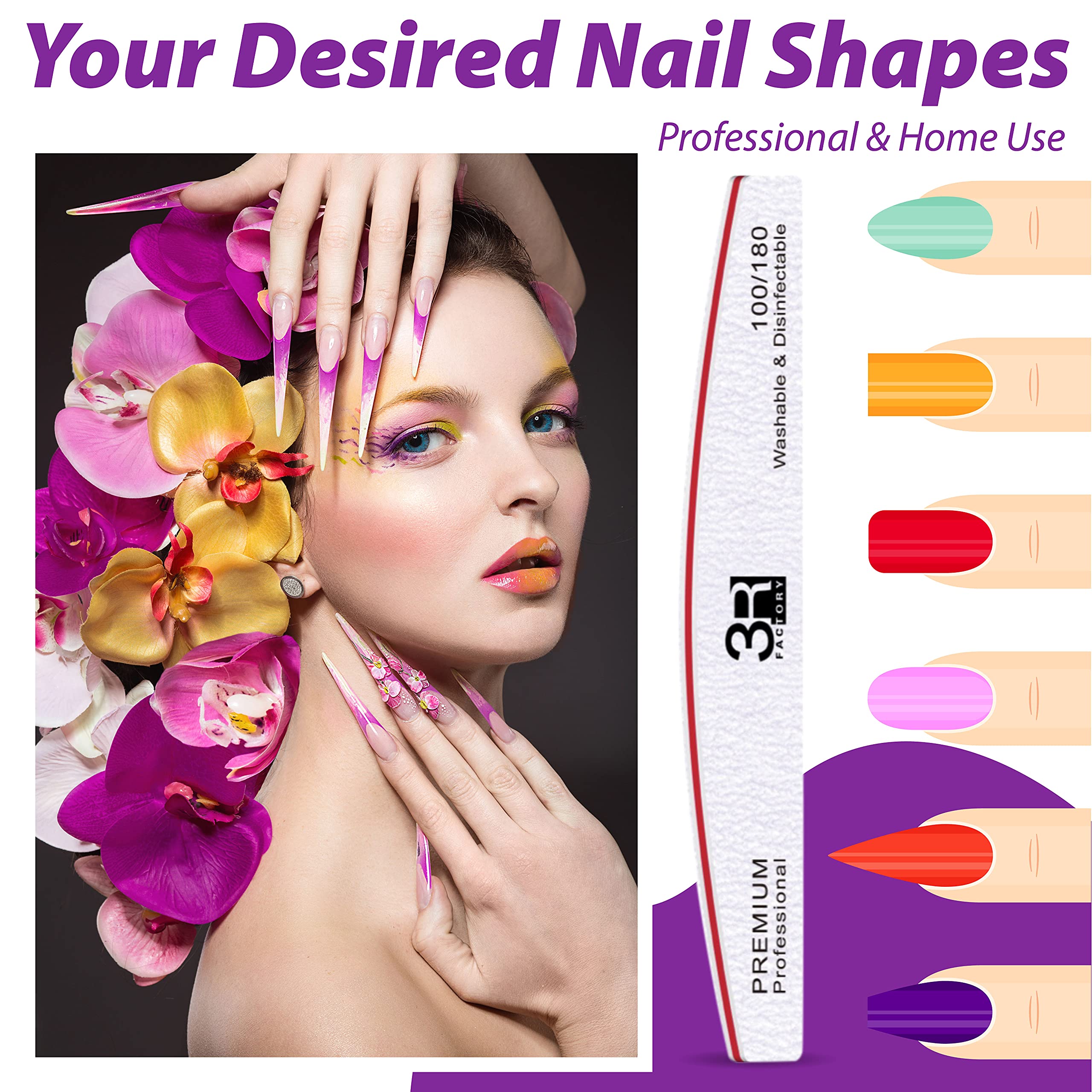 Professional 100/180 Grit Acrylic Nail File Kit - 10 Pack Washable Emery Boards & Nail Tools for Manicure, Pedicure & Nail Art | Perfect for Salon, Home Use & DIY Nail Care