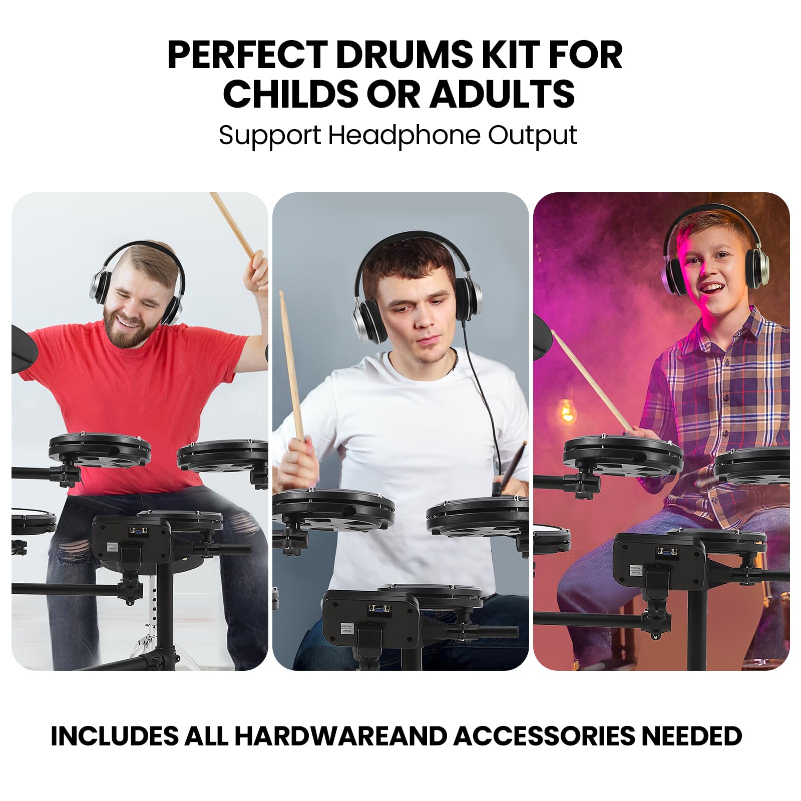 Electric Drum Set for Beginners & Kids - 150 Sounds, 4 Quiet Drum Pads, 2 Pedals, Throne & Headphones Included | Perfect for Home Practice, Music Lessons & Silent Playtime