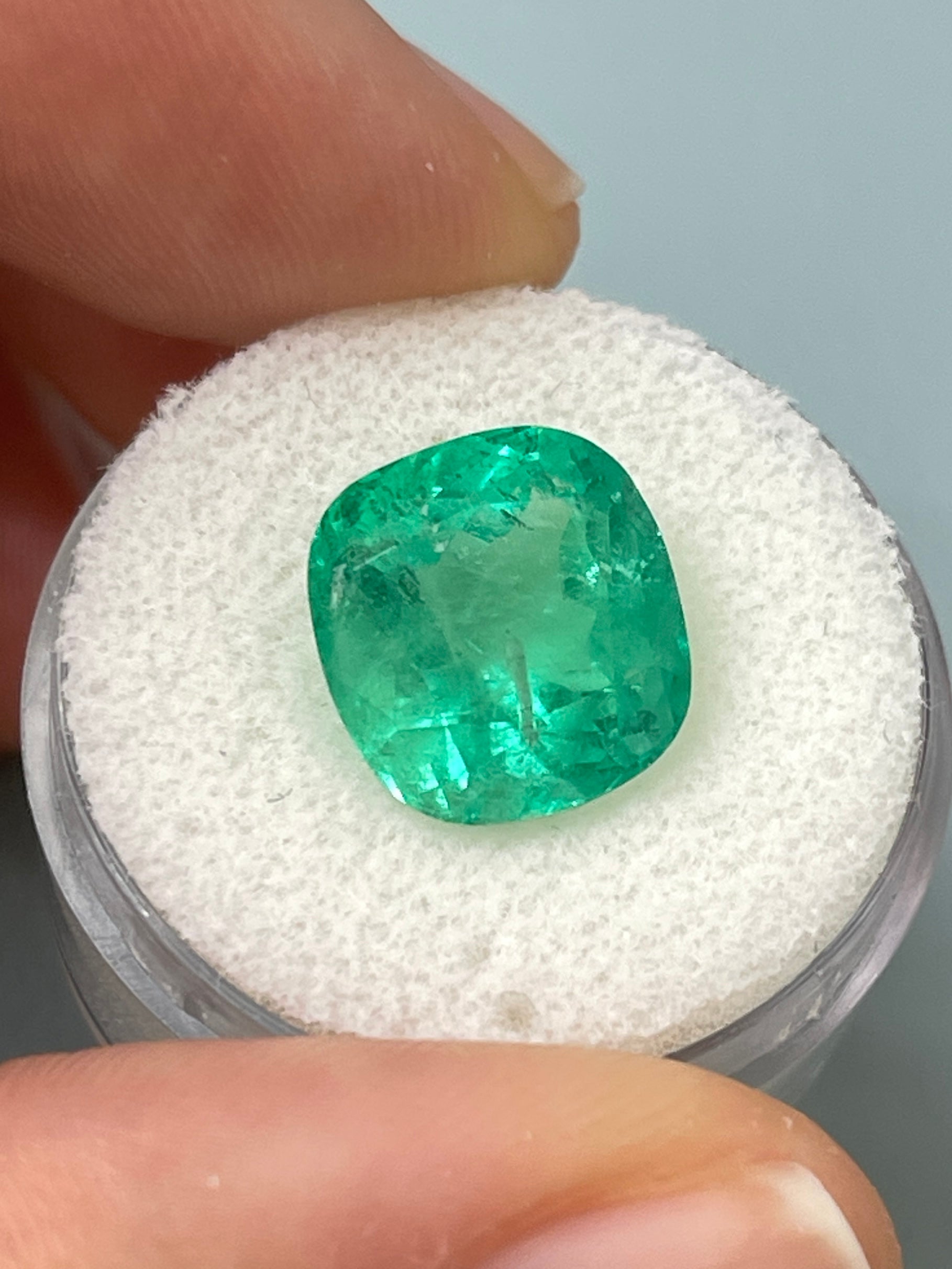 7.28 Carat 12x11.5mm Medium Bluish Green Natural Loose Colombian Emerald Gemstone - Cushion Cut for Jewelry Making, Engagement Rings & Collector's Pieces