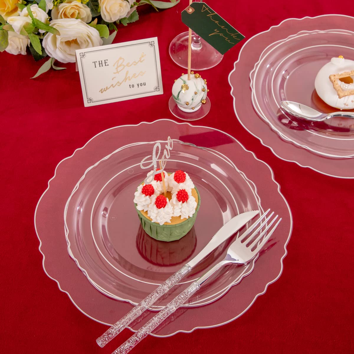 Ciaell 150PCS Clear Silver Plastic Plates & Disposable Cutlery Set with Glitter Bamboo Handle - Elegant Baroque Disposable Tableware for Weddings, Parties, and Events - Perfect for Birthday Celebrations, Bridal Showers, and Formal Dinners