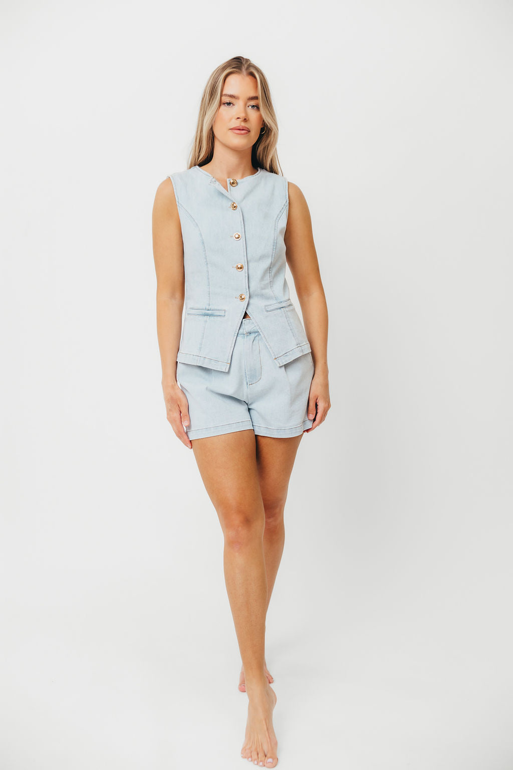 Jayne Light Denim Button Down Sleeveless Vest & Paperbag Shorts Set for Women | Casual Summer Outfit, Beach Vacation, Street Style Fashion