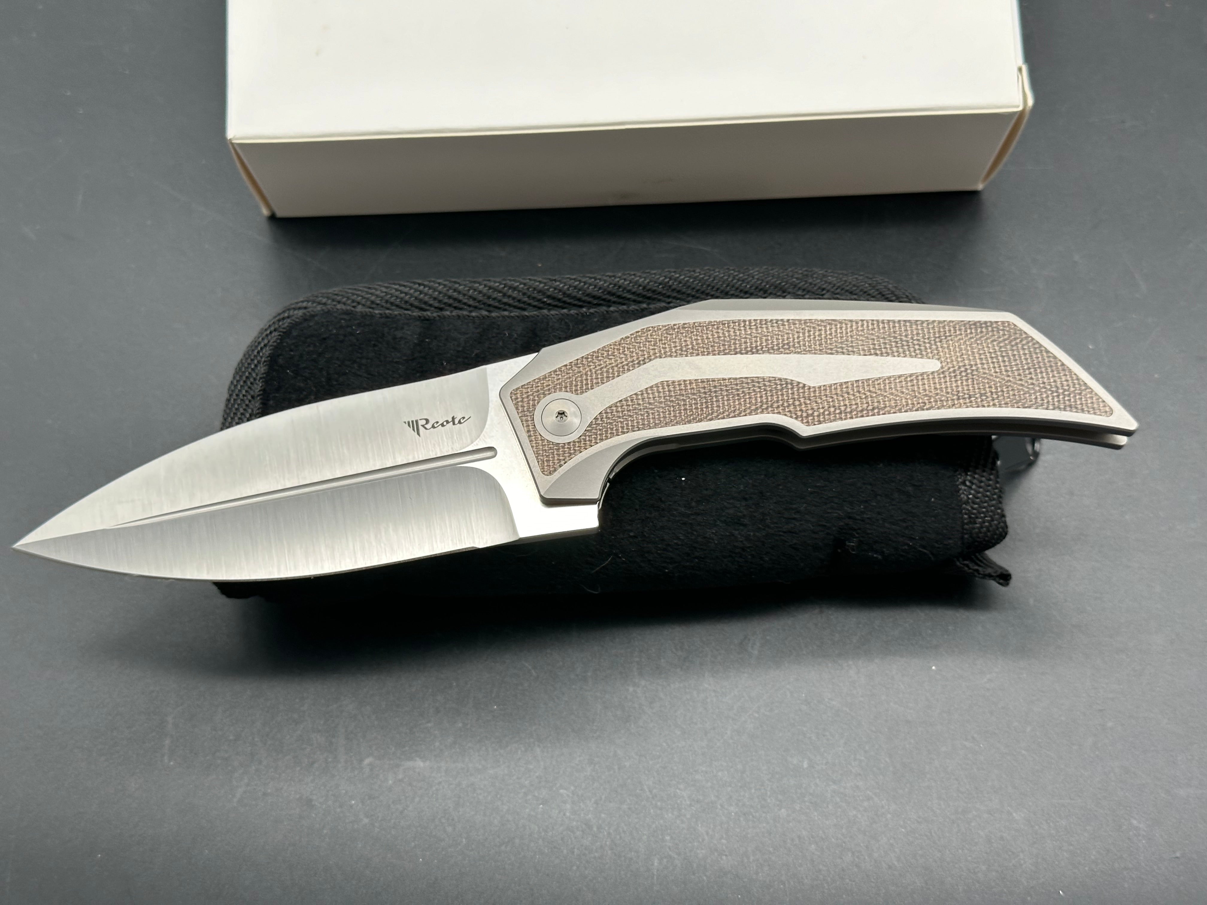 Reate Knives Tashi Bharucha T4000 Folding Pocket Knife - Grey Titanium Frame, Olive Green Micarta Handle, M390 Steel Blade - EDC, Outdoor Camping, Survival Gear